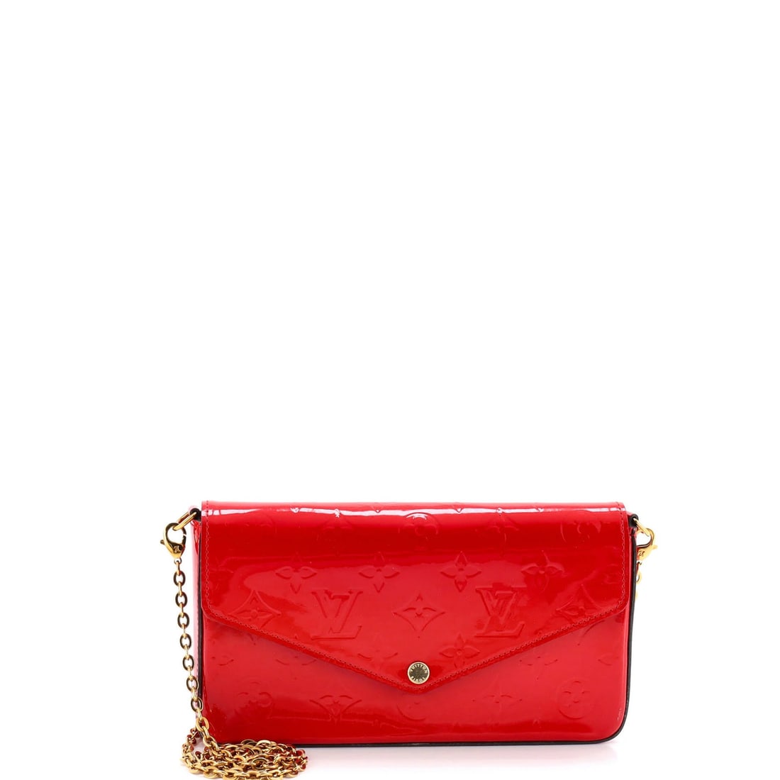 Vernis Louis Vuitton Felicie Pochette Monogram: Vernis Louis Vuitton Felicie Pochette Monogram A stunning Louis Vuitton Felicie Pochette Monogram Vernis in rich red patent leather, this iconic cross-body bag boasts the signature LV monogram pattern