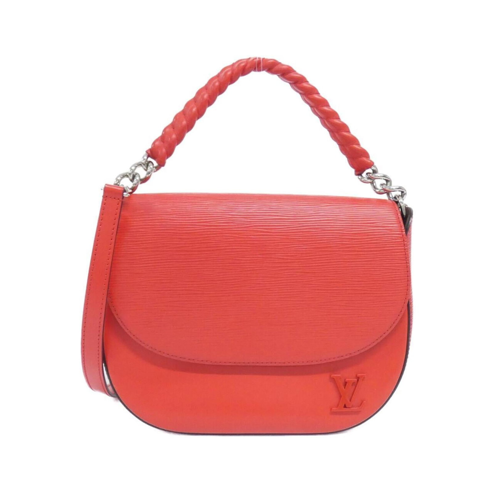 Louis Vuitton Leather Handbag: Louis Vuitton Leather Handbag A stunning Louis Vuitton leather handbag in vibrant Coquelicots hue, crafted from high-quality calf leather and adorned with sleek silver hardware, this timeless piece