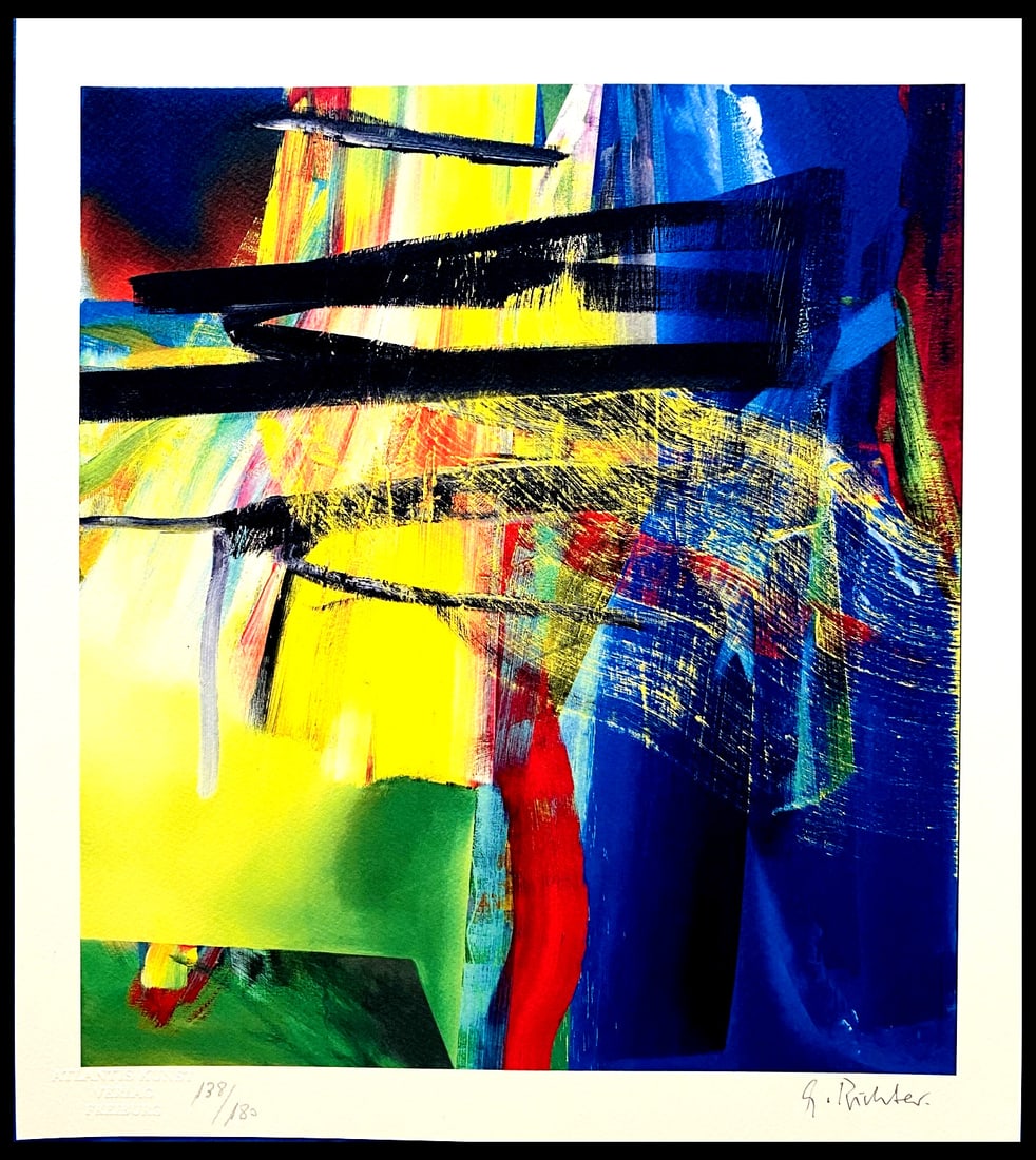 Lithograph Gerhard Richter: Lithograph Gerhard Richter Authentic Gerhard Richter lithograph, "Broom", printed in 1993 by Atlantis Verlag, showcases the artist's signature style with its bold chromolithography technique. Measurin