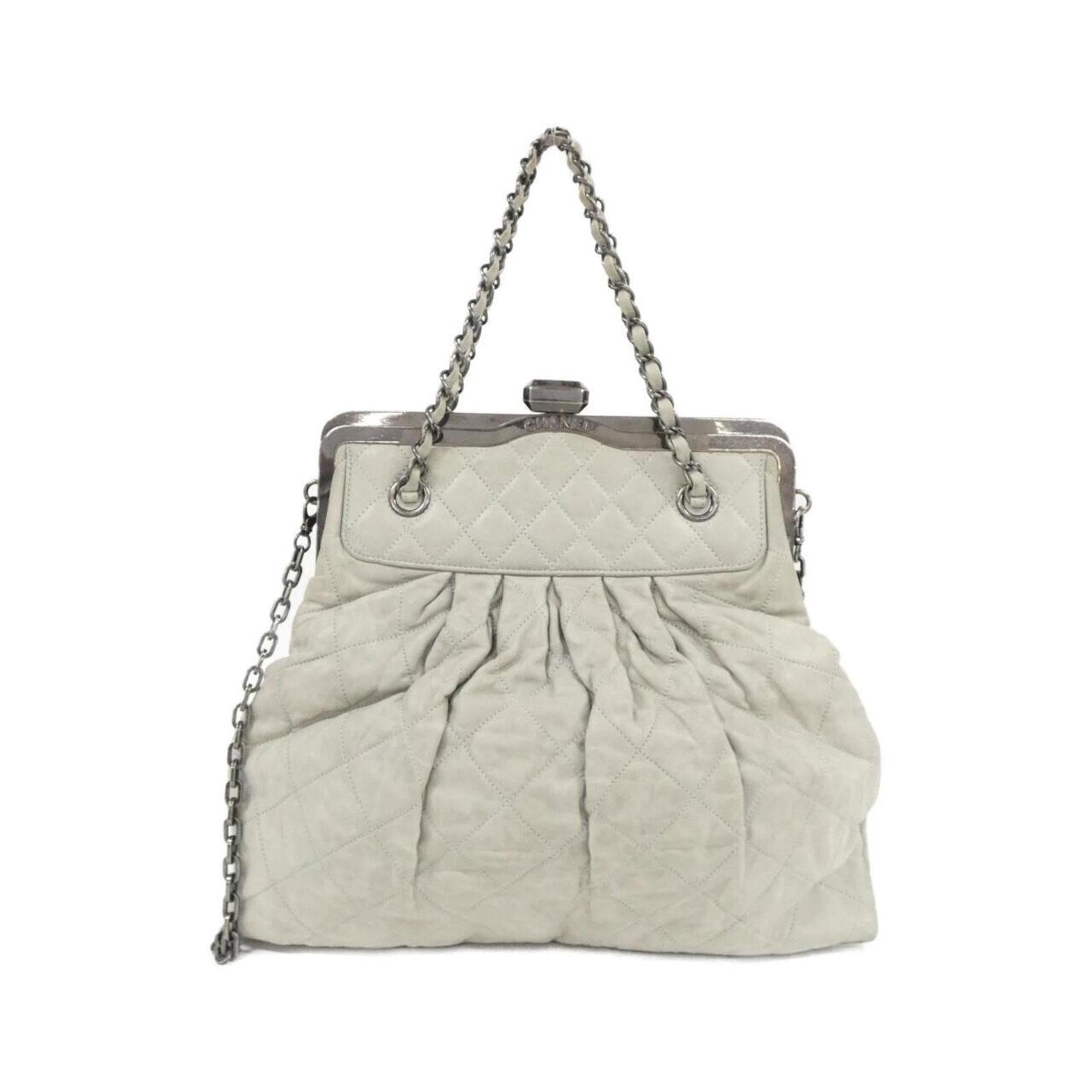 Leather Chanel Handbag: Leather Chanel Handbag A timeless piece of luxury, this pre-owned Chanel handbag boasts rich gray calfskin leather and classic design elements that evoke the iconic style of the French fashion house.