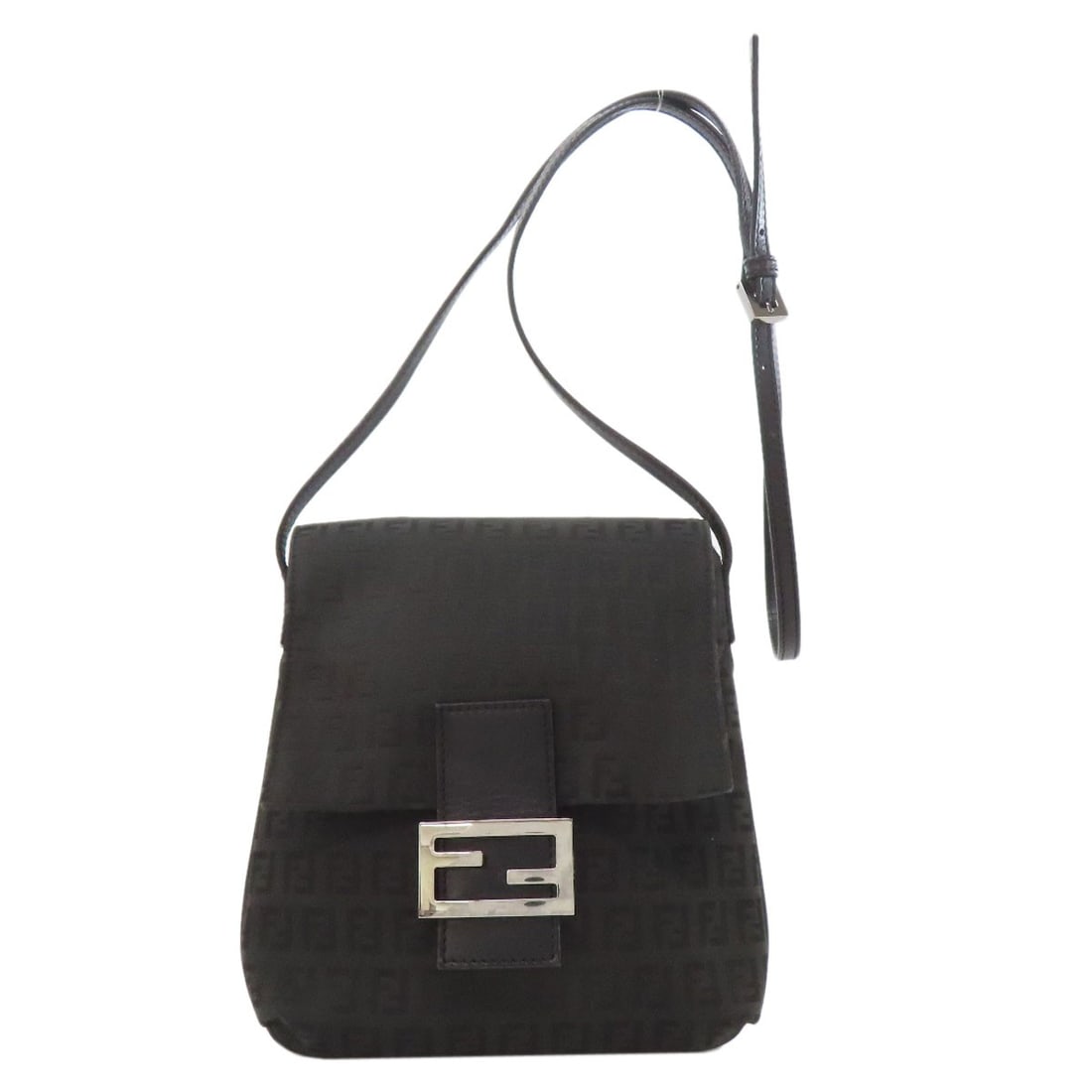 Fendi Zucca Pattern Canvas Shoulder Bag: Fendi Zucca Pattern Canvas Shoulder Bag Elevate your style with the iconic Fendi Zucca pattern, expertly crafted into a sleek canvas shoulder bag from Italy. This timeless piece boasts a chic black ex