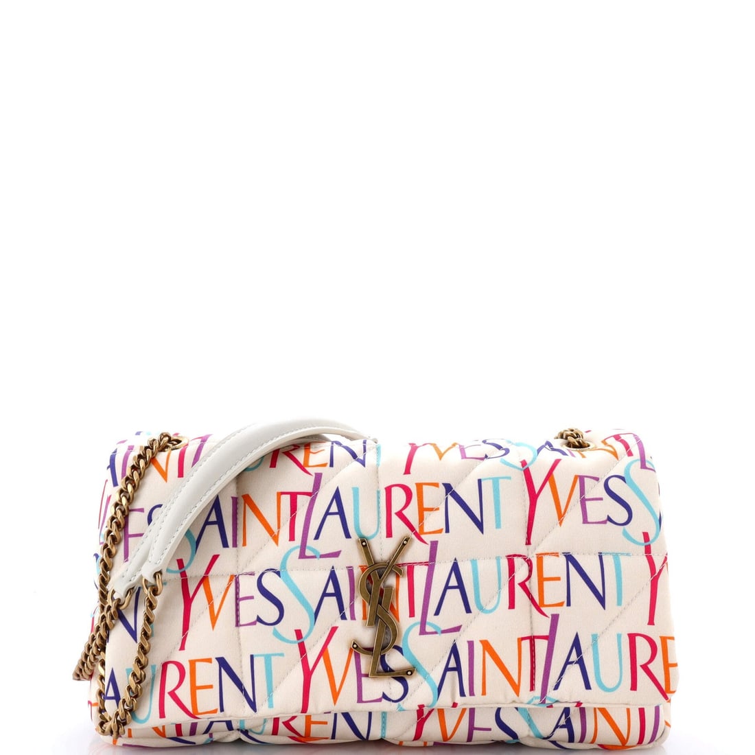 Medium Saint Laurent Jamie Flap Bag Quilted Printed Silk: Medium Saint Laurent Jamie Flap Bag Quilted Printed Silk Experience the epitome of luxury with this stunning Medium Saint Laurent Jamie Flap Bag, crafted from rich silk and adorned with a striking qui