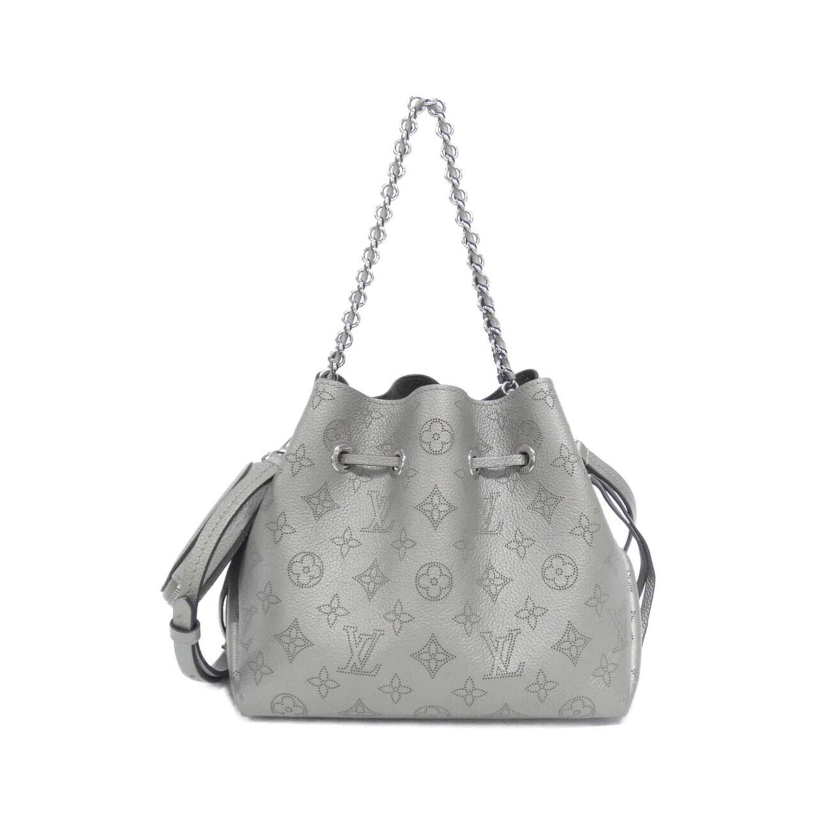 Louis Vuitton Leather Shoulder Pouch: Louis Vuitton Leather Shoulder Pouch A luxurious Louis Vuitton leather shoulder pouch in metallic gray, crafted from high-quality calf leather and adorned with sleek silver hardware. With its classic