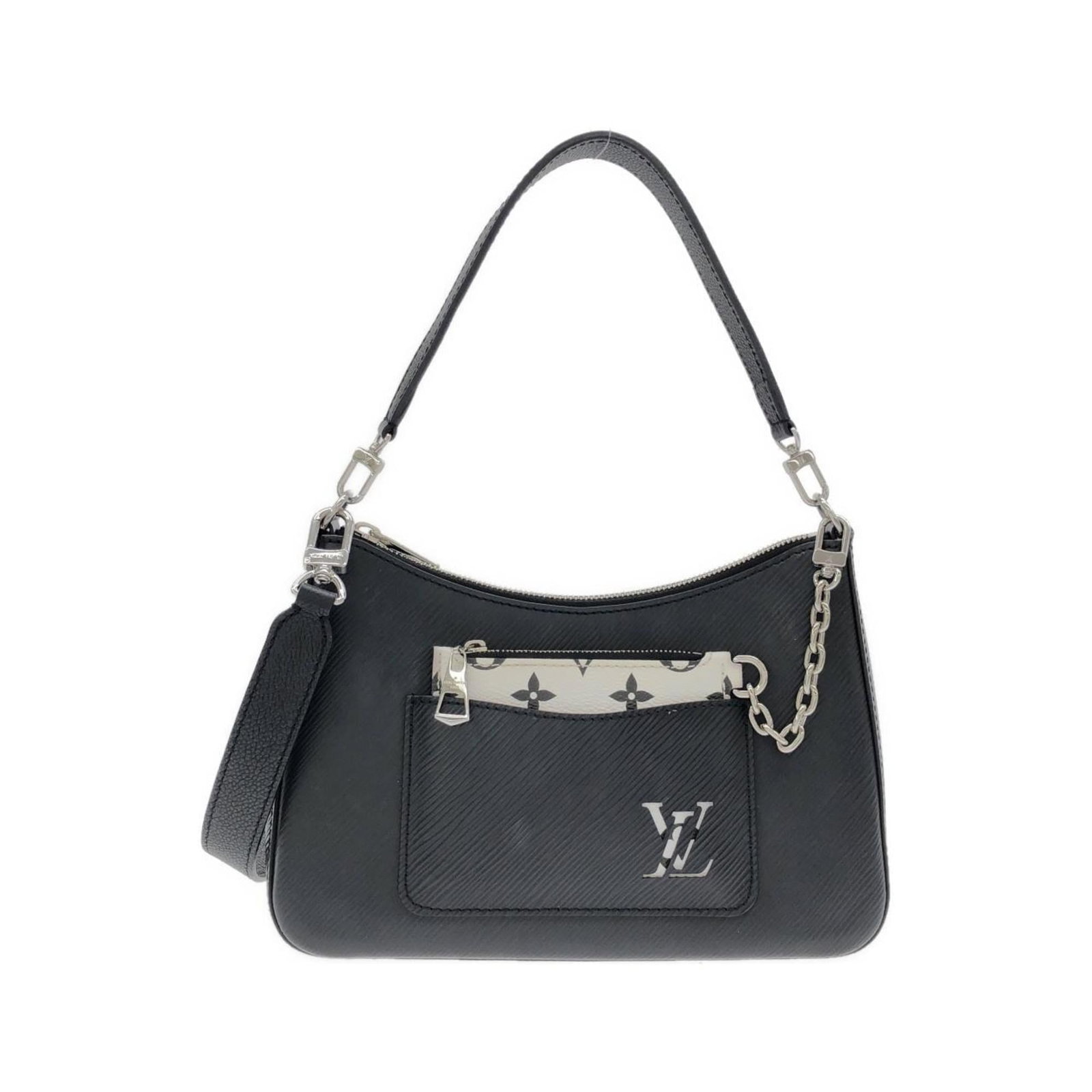 Louis Vuitton Leather Shoulder Pouch: Louis Vuitton Leather Shoulder Pouch A sleek and sophisticated shoulder pouch from the iconic Louis Vuitton brand, crafted from high-quality calf leather in a timeless black finish. The silver-toned h