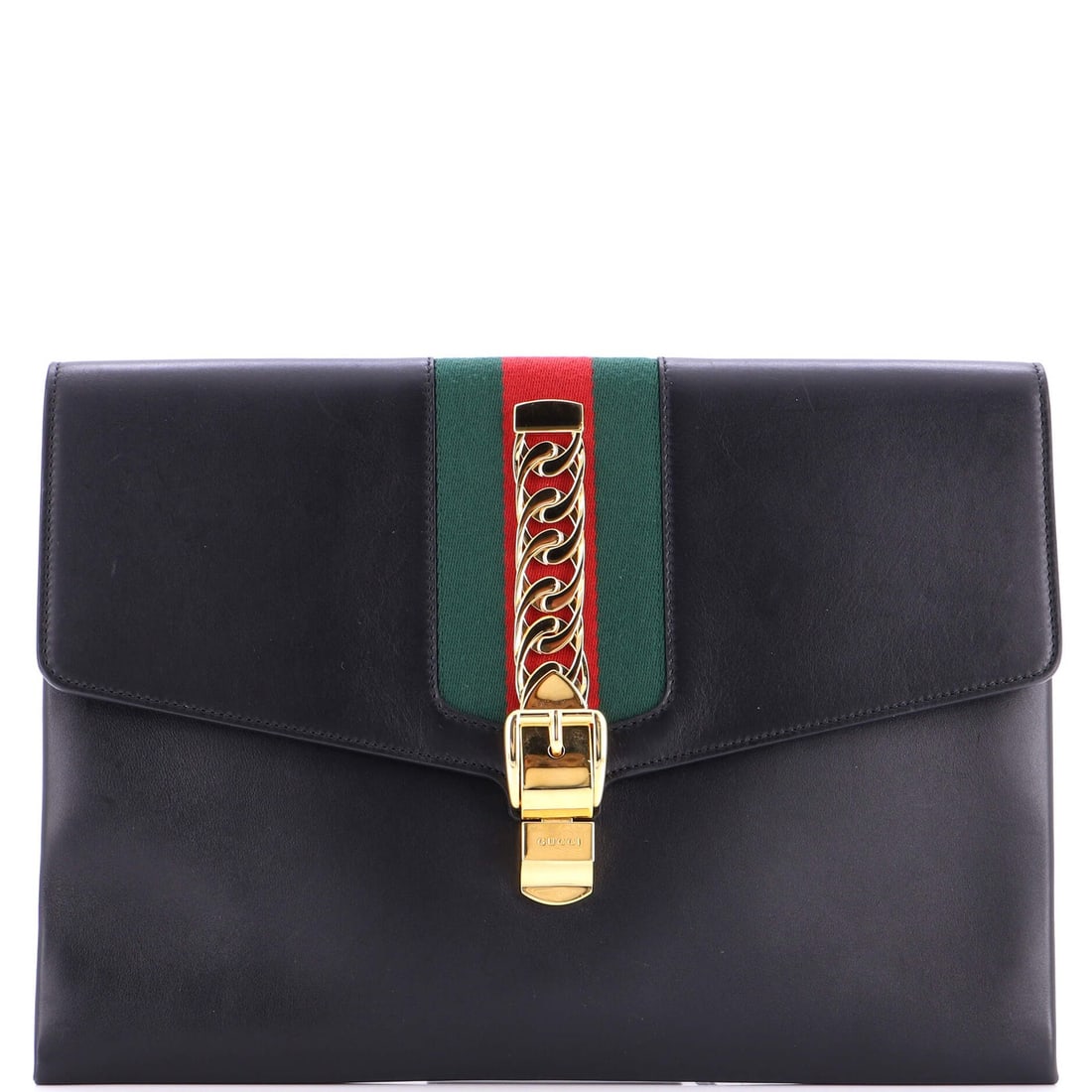Maxi Gucci Sylvie Clutch Leather: Maxi Gucci Sylvie Clutch Leather The iconic Gucci Sylvie Clutch Leather maxi is a statement piece that exudes luxury and sophistication. With its heavy, black leather exterior adorned with gold hardwa