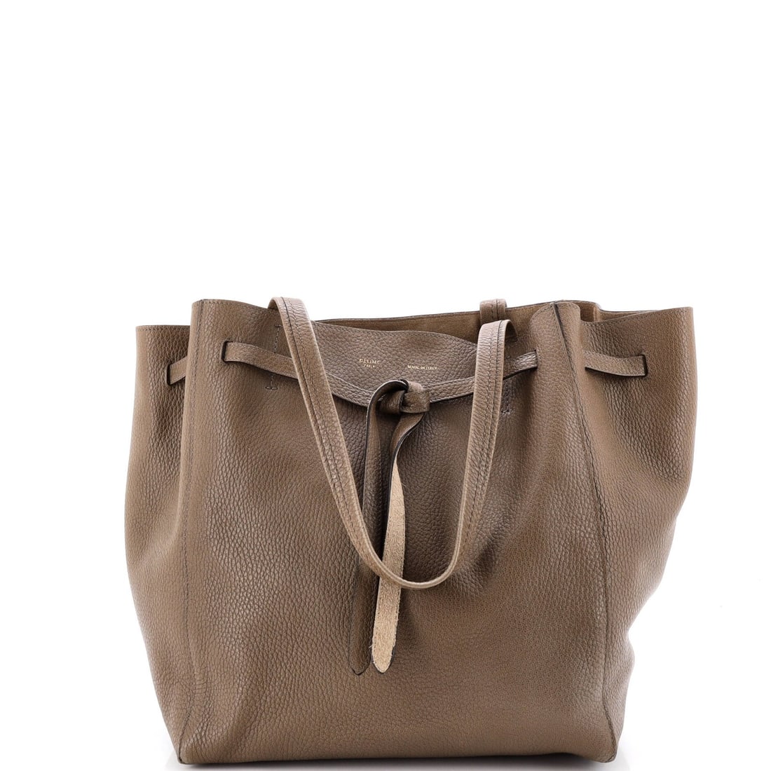 Celine Phantom Leather Medium Cabas Tote: Celine Phantom Leather Medium Cabas Tote Experience the timeless elegance of Celine's Phantom Leather Medium Cabas Tote, boasting rich brown leather exterior with subtle gold hardware and suede-lined