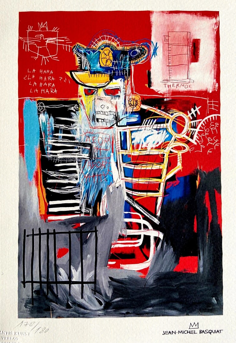 180 Jean-Michel Basquiat Lithograph Numbered: 180 Jean-Michel Basquiat Lithograph Numbered Own a piece of art history with this rare and highly sought-after lithograph by Jean-Michel Basquiat, "La Hara", printed in 1987 in a limited edition of ju