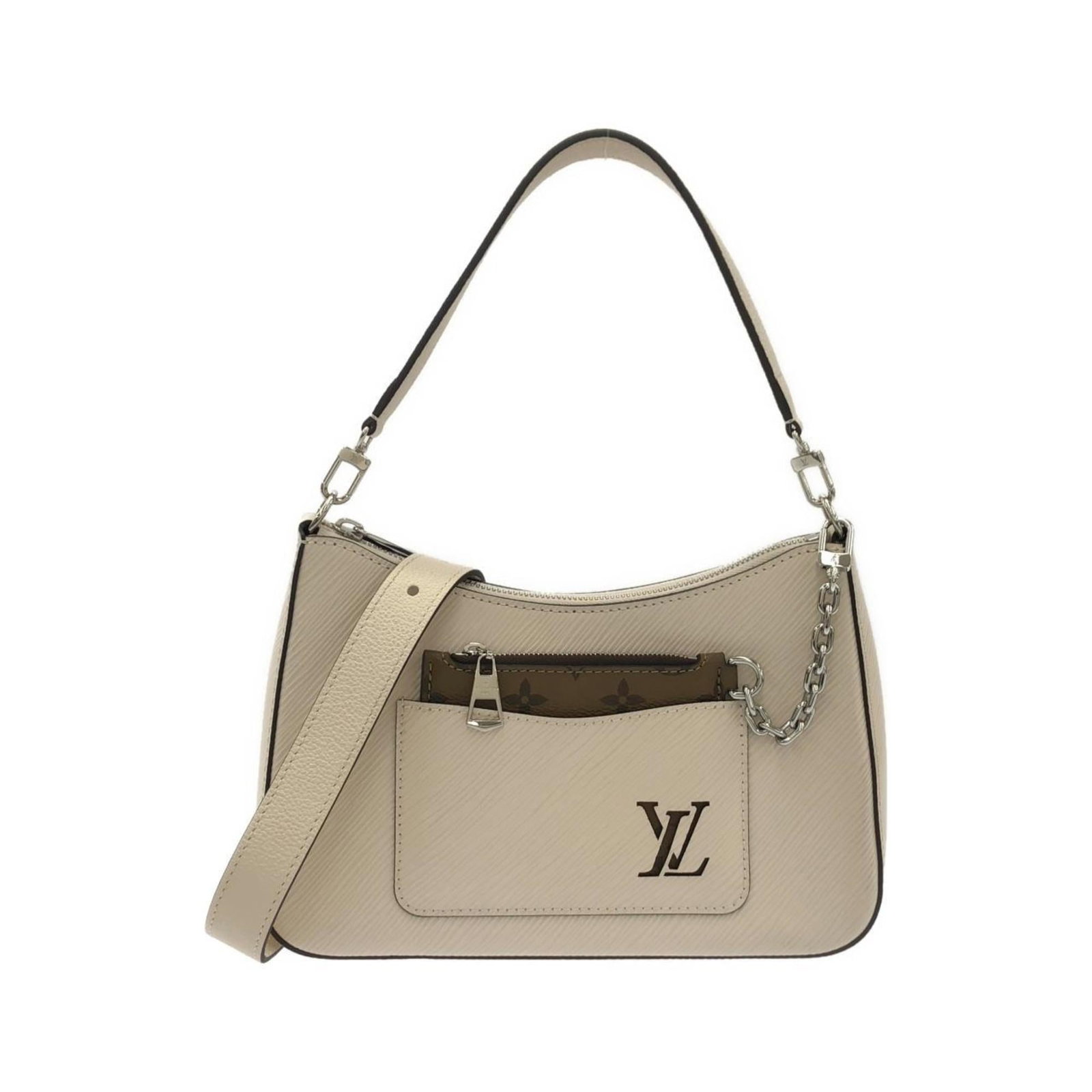 Louis Vuitton Leather Shoulder Pouch: Louis Vuitton Leather Shoulder Pouch A timeless piece from the iconic Louis Vuitton collection, this beige leather shoulder pouch boasts classic LV monogramming and sleek silver hardware. With its spa