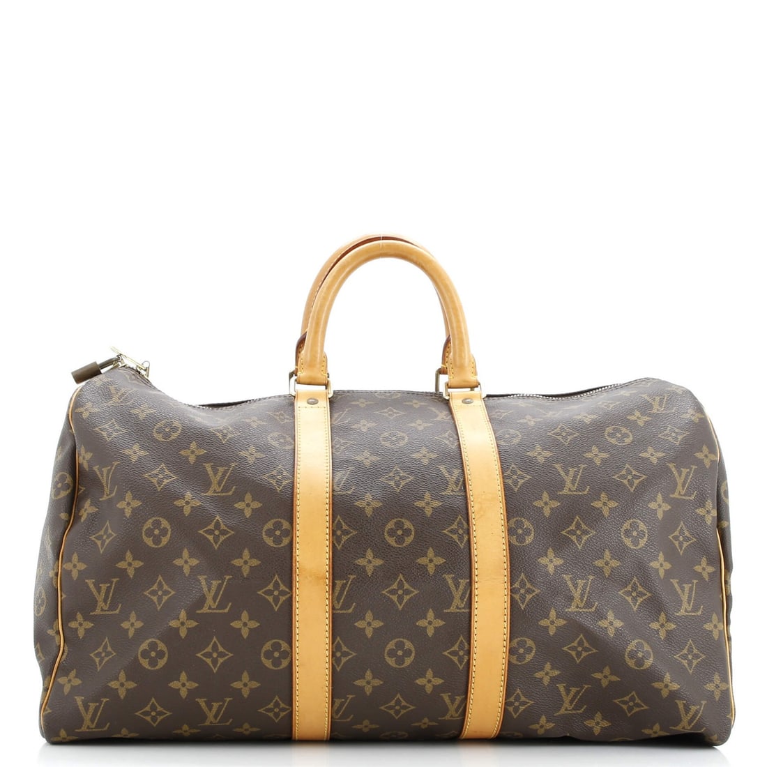 Louis Vuitton Keepall Bag - Monogram Canvas 45: Louis Vuitton Keepall Bag - Monogram Canvas 45 A true vintage gem, the Louis Vuitton Keepall Bag in Monogram Canvas 45 boasts its iconic brown leather exterior with heavy discoloration and cracking, g
