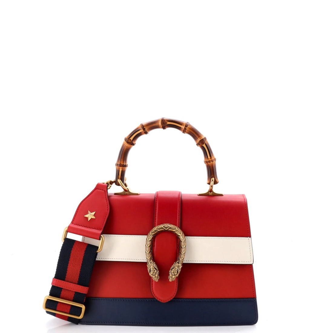 Gucci Dionysus Bamboo Top Handle Colorblock Leather Medium Bag: Gucci Dionysus Bamboo Top Handle Colorblock Leather Medium Bag Experience the timeless elegance of Gucci's iconic Dionysus Bamboo Top Handle bag, boasting a striking colorblock design that combines bo