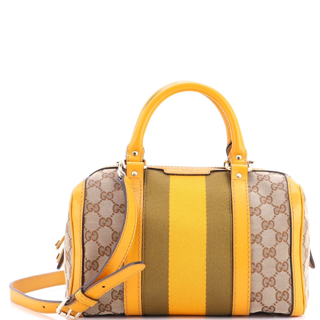 Gucci Vintage Boston Bag in Small GG Canvas: Gucci Vintage Boston Bag in Small GG Canvas A vintage gem, this Gucci Small GG Canvas Boston Bag boasts the iconic yellow and brown color combination that defined the brand's 80s heyday. With its clas