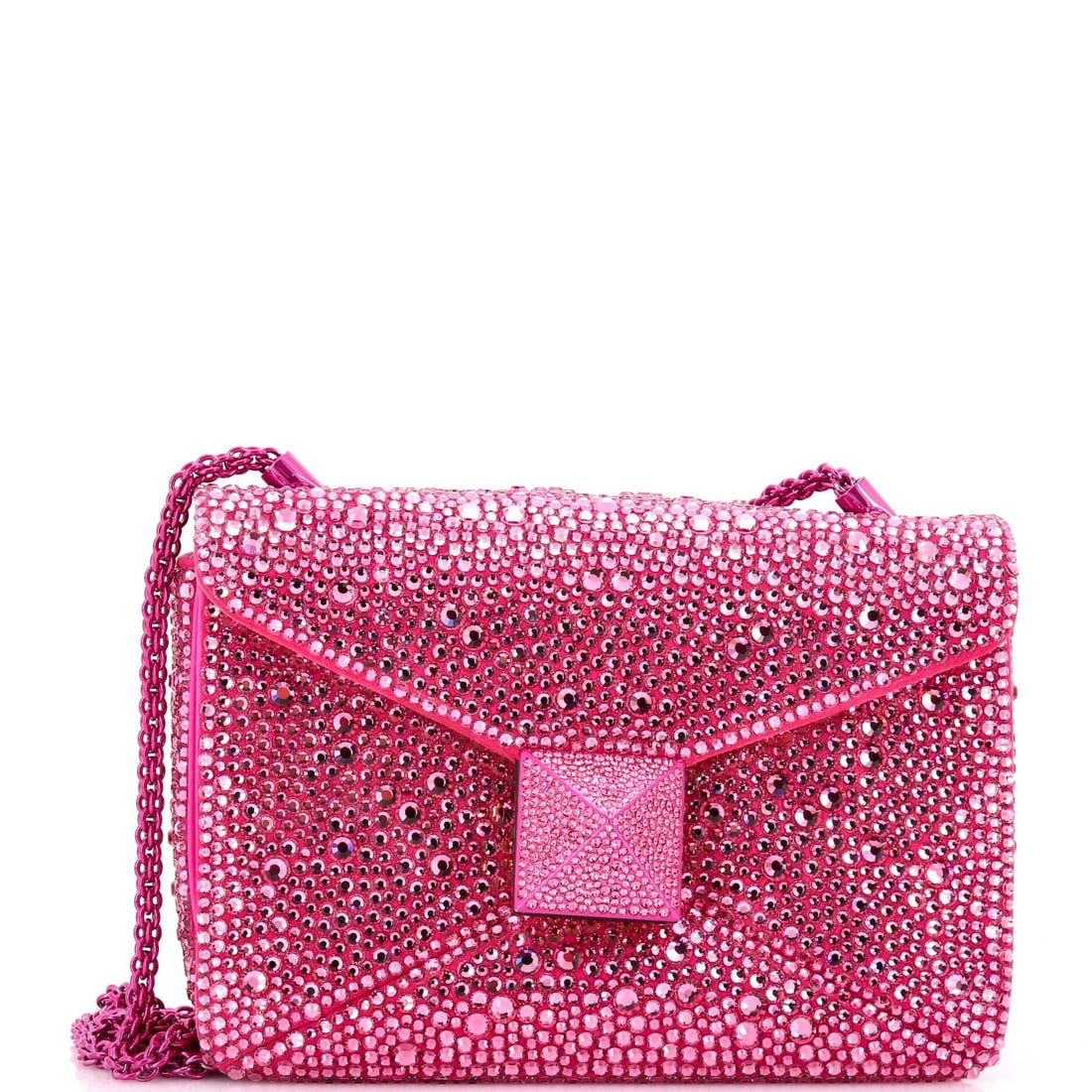 Small Valentino Garavani One Stud Chain Flap Bag Crystal Embellished Suede: Small Valentino Garavani One Stud Chain Flap Bag Crystal Embellished Suede Elevate your style with the iconic Valentino Garavani One Stud Chain Flap Bag, adorned with crystal embellishments and sleek