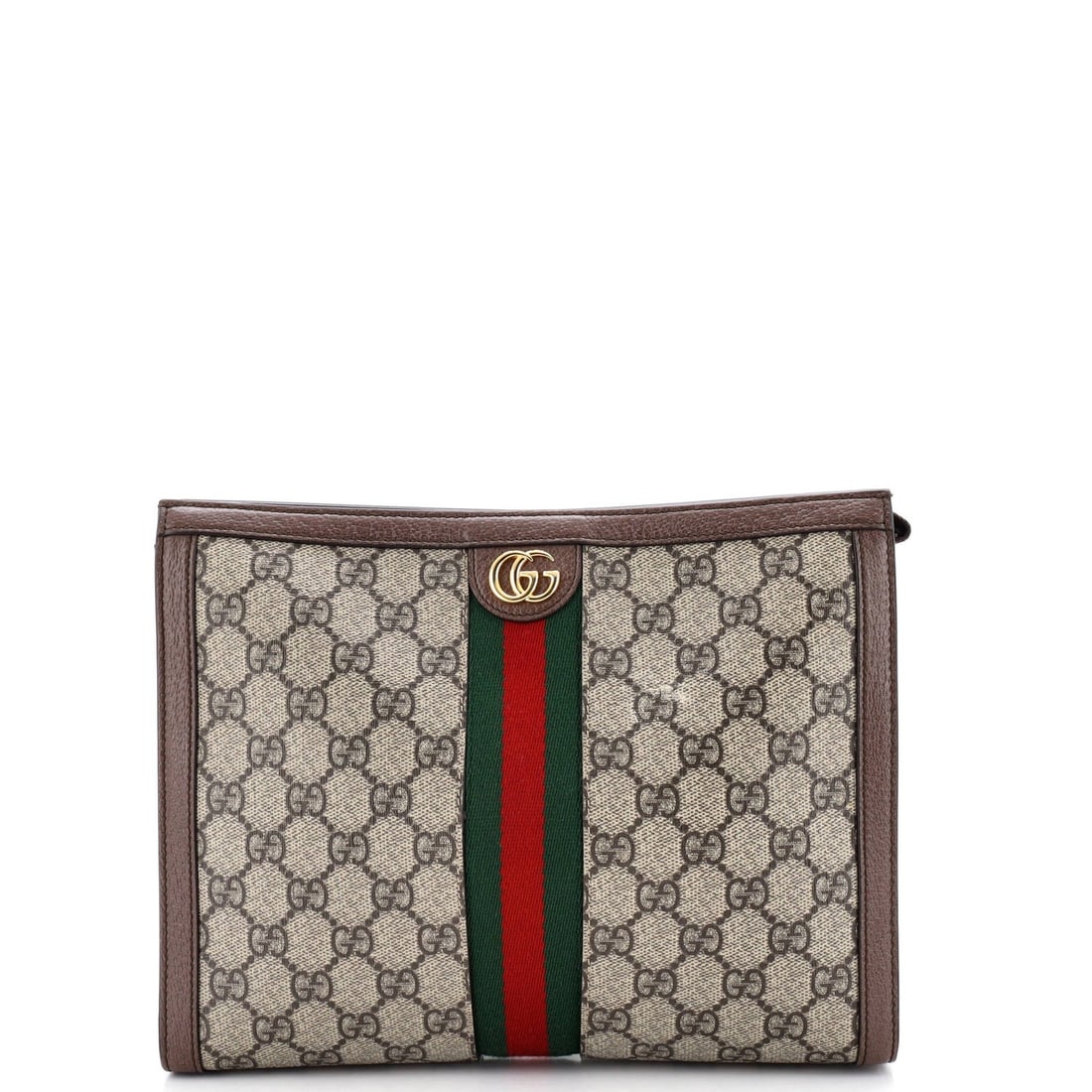 Gucci Ophidia Pouch in Medium GG Coated Canvas: Gucci Ophidia Pouch in Medium GG Coated Canvas The Gucci Ophidia Pouch in Medium GG Coated Canvas is a timeless and sophisticated accessory that exudes luxury. With its rich brown exterior, neutral mi