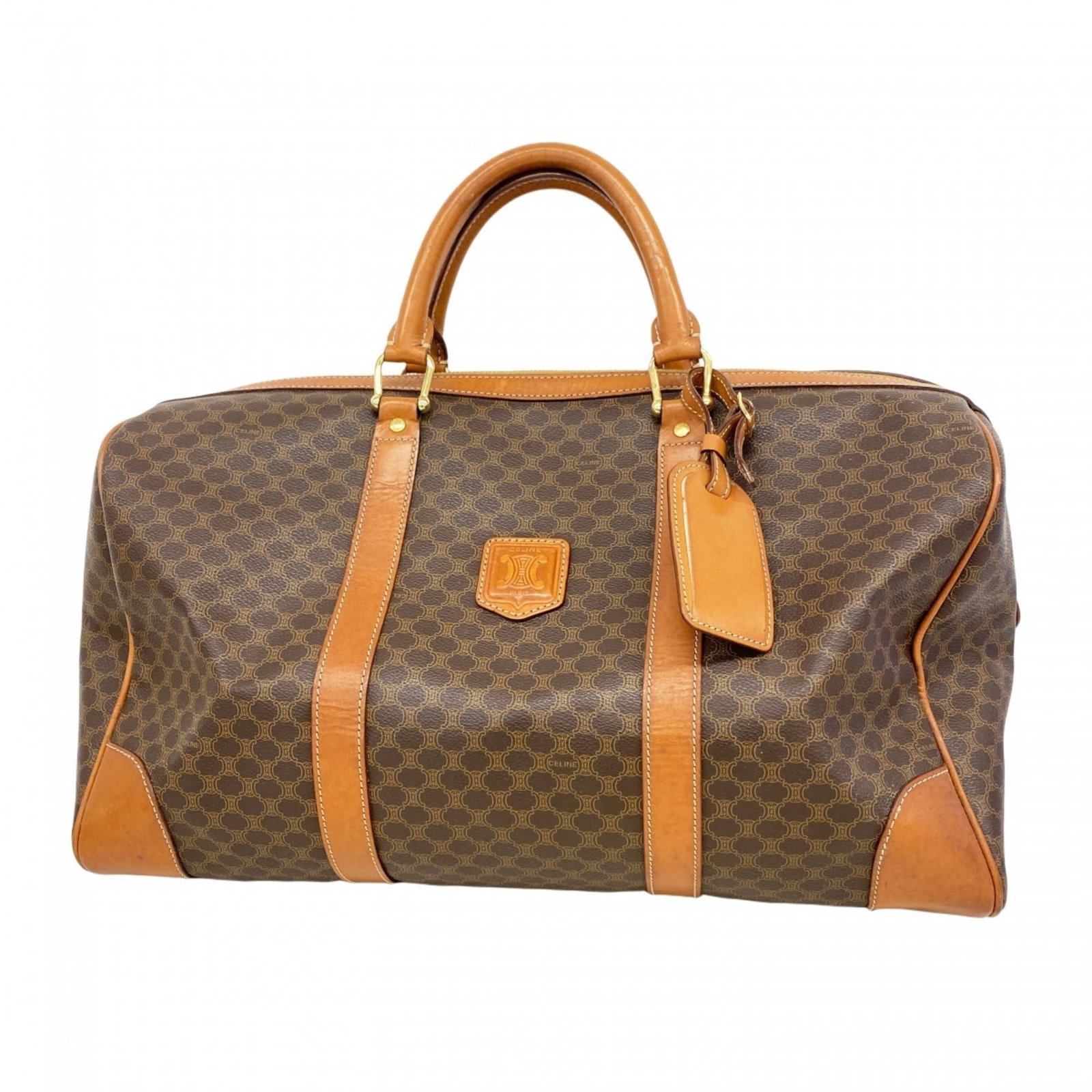 Pvc Celine Boston Bag: Pvc Celine Boston Bag A pre-owned Celine Boston Bag in rich brown Pvc, boasting sleek gold hardware and a timeless design that exudes sophistication. With its classic 25cm x 44cm dimensions, this vers