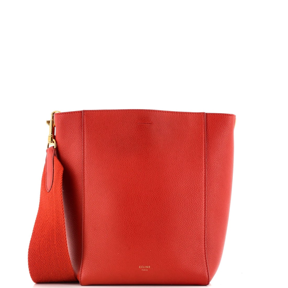 Celine Sangle Seau Calfskin Small Bag: Celine Sangle Seau Calfskin Small Bag The Celine Sangle Seau Small Bag is a stunning, all-red calfskin shoulder bag that exudes elegance and sophistication. With its classic design, aged gold