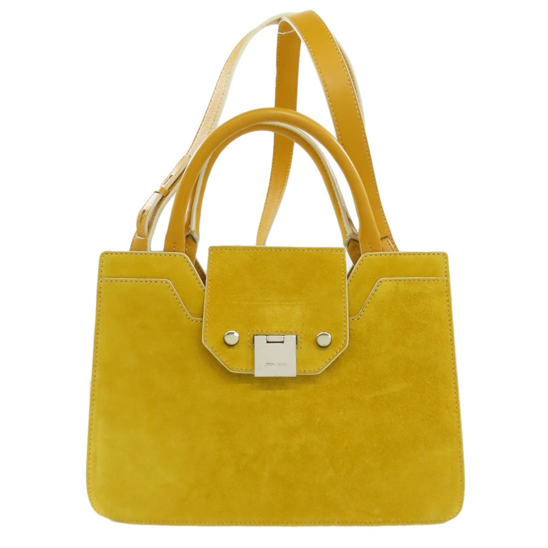 Suede Jimmy Choo 2WAY Handbag: Suede Jimmy Choo 2WAY Handbag Elevate your style with the iconic Jimmy Choo 2WAY handbag, crafted from luxurious suede in a vibrant yellow hue that's sure to turn heads. This Italian-made masterpiece
