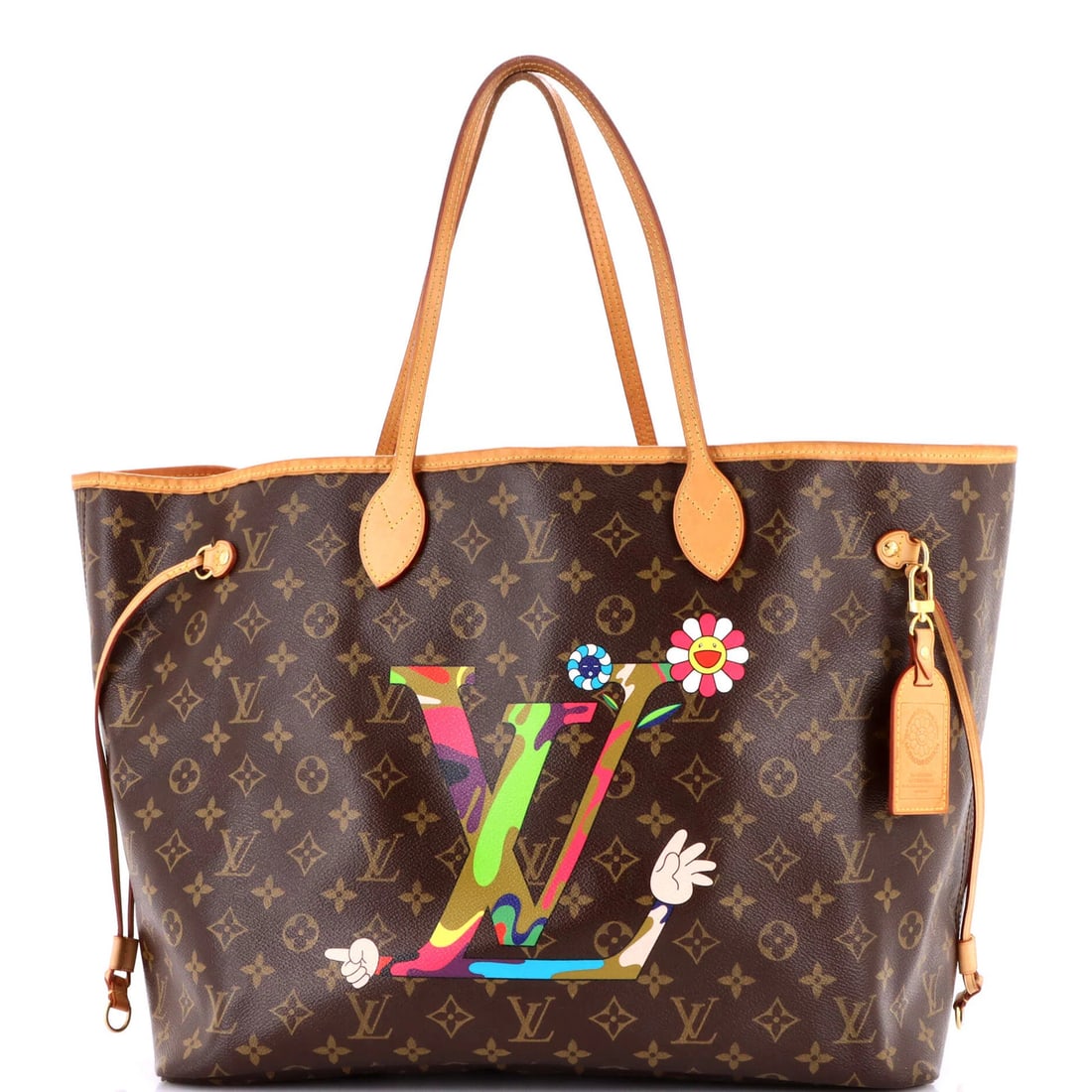 GM Louis Vuitton Neverfull Tote Limited Edition Monogram Murakami MOCA Hands: GM Louis Vuitton Neverfull Tote Limited Edition Monogram Murakami MOCA Hands A rare and coveted piece, this Louis Vuitton Neverfull Tote is a true collector's item, boasting the iconic Monogram Muraka