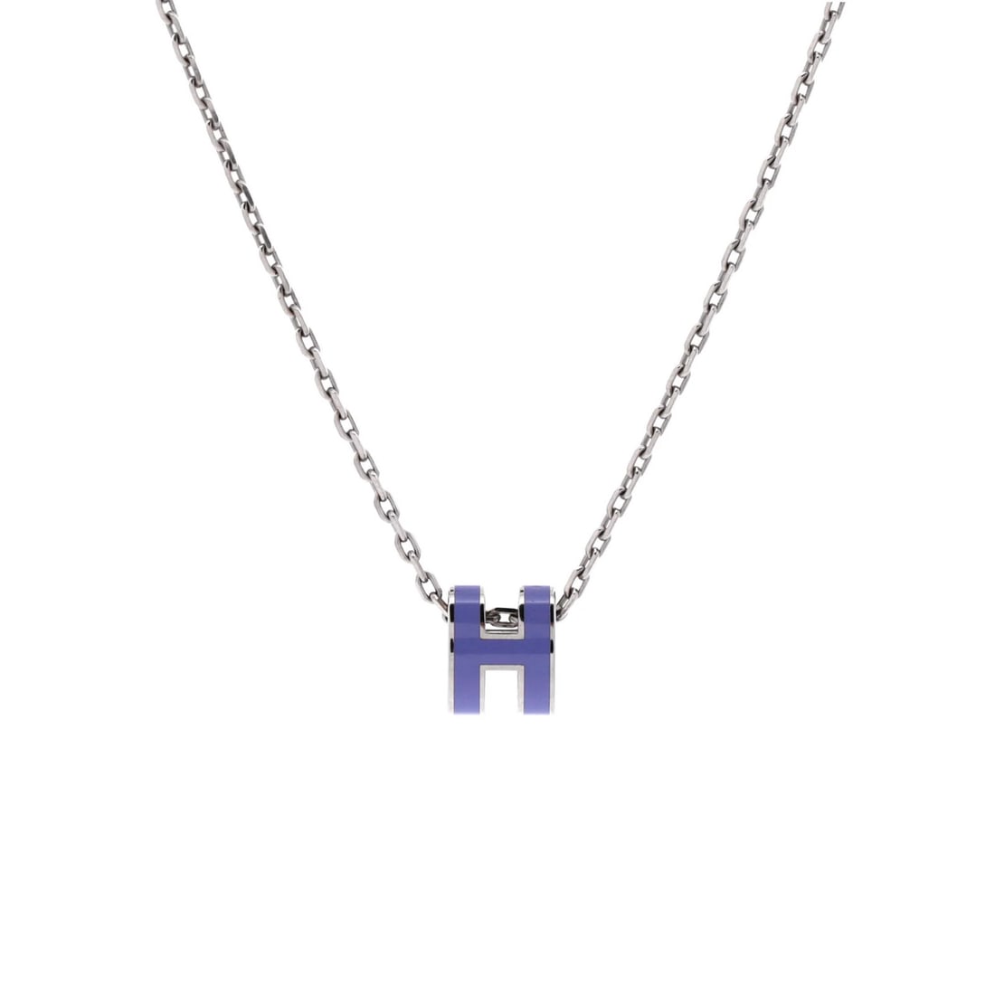 Hermes Pop H Pendant Chain Necklace in Metal & Enamel Mini: Hermes Pop H Pendant Chain Necklace in Metal & Enamel Mini Add a touch of luxury to your everyday look with the iconic Hermes Pop H Pendant Chain Necklace in Metal & Enamel Mini. This stunning purple