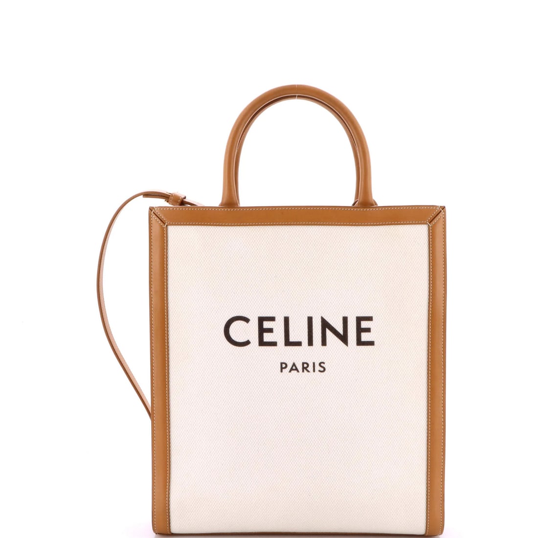 Small Celine Vertical Cabas Tote Canvas with Leather: Small Celine Vertical Cabas Tote Canvas with Leather Elevate your everyday style with the iconic Celine Vertical Cabas Tote, boasting a chic neutral canvas exterior and luxurious leather accents. This
