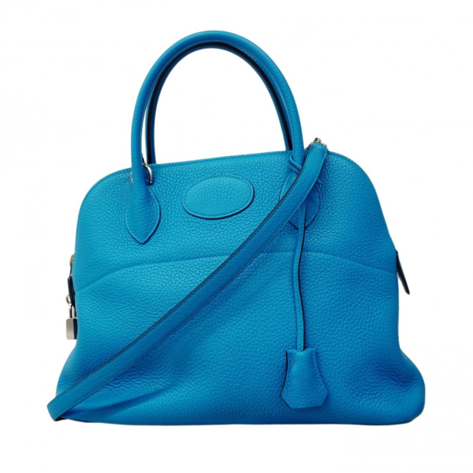 Hermes Taurillon Clemence Leather Handbag: Hermes Taurillon Clemence Leather Handbag A stunning Taurillon Clemence leather handbag from the iconic French brand Hermes, boasting sleek silver hardware and a rich blue hue that exudes timeless sop