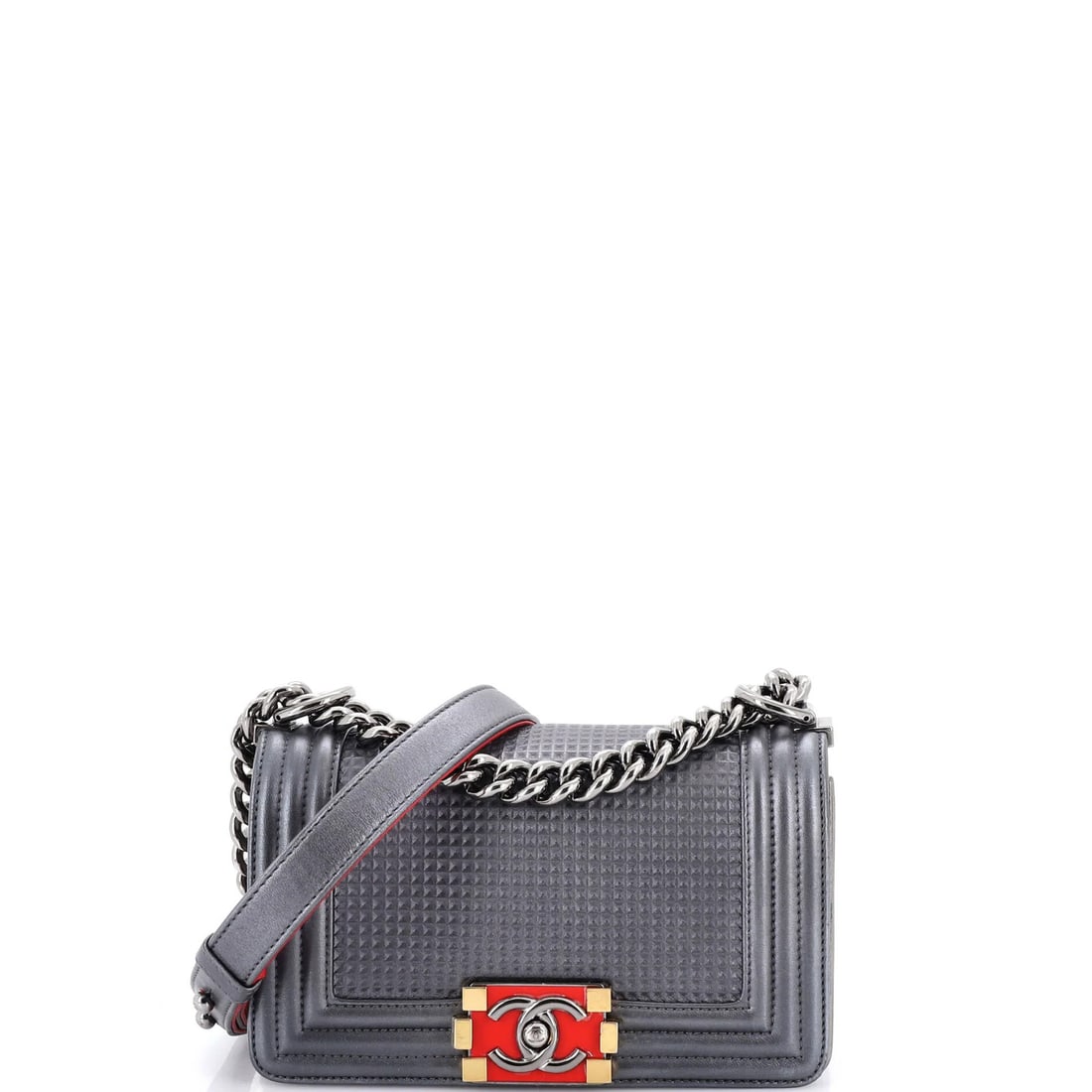 Chanel Small Cube-Embossed Lambskin Boy Flap Bag: Chanel Small Cube-Embossed Lambskin Boy Flap Bag Experience the timeless elegance of Chanel's iconic Boy Flap Bag, expertly crafted from luxurious cube-embossed lambskin leather in metallic finish. Th