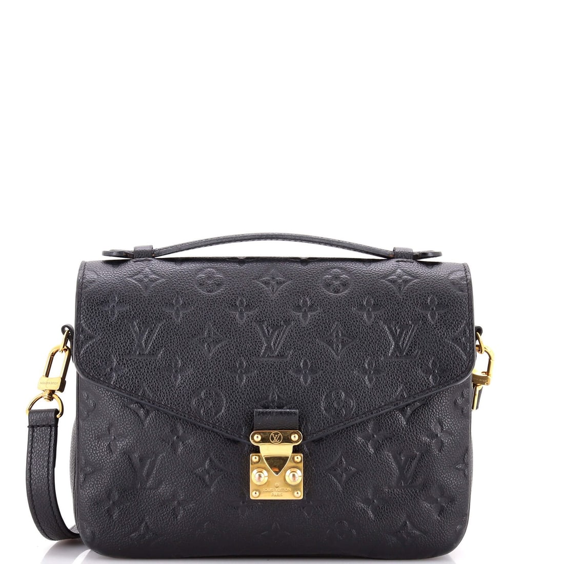 Leather Louis Vuitton Pochette Metis Monogram Empreinte: Leather Louis Vuitton Pochette Metis Monogram Empreinte A stunning Louis Vuitton Pochette Metis Monogram Empreinte in rich blue leather, this iconic cross-body bag boasts the signature LV monogram pat