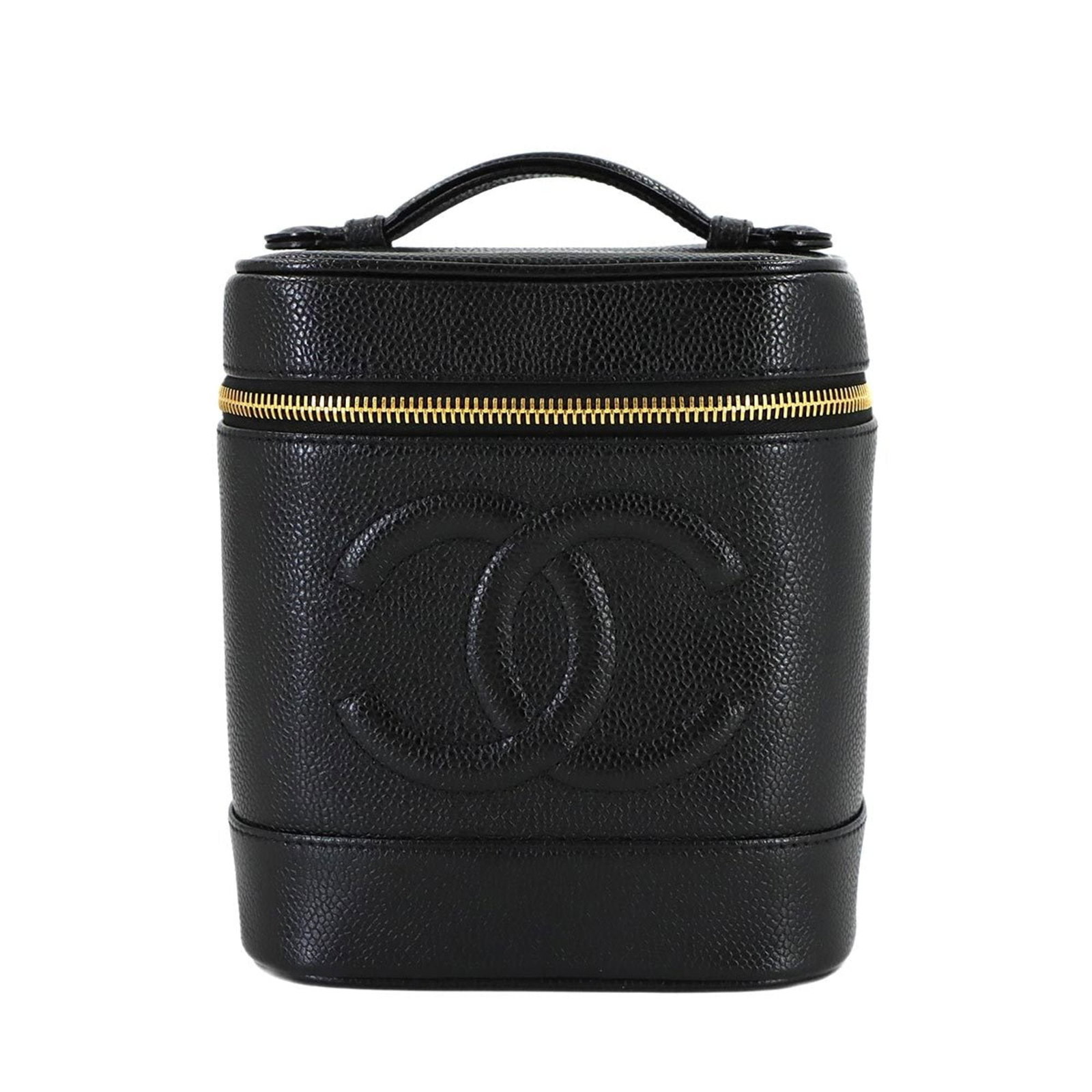 Grained Calfskin Chanel Vanity Bag: Grained Calfskin Chanel Vanity Bag A stunning black Grained Calfskin Chanel vanity bag, in mint condition and like new, boasts the iconic interlocking CC clasp and sleek design that defines luxury han