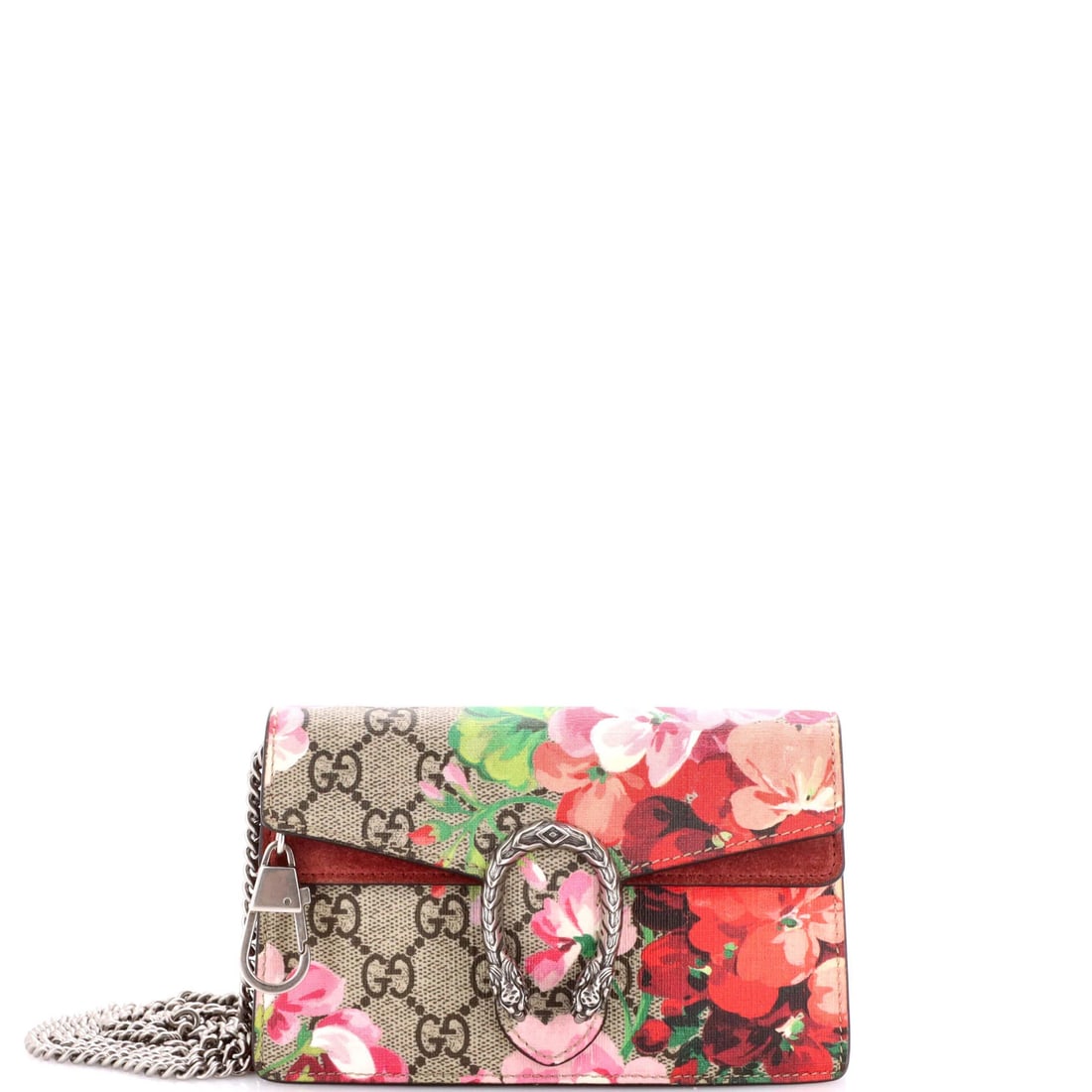 Gucci Dionysus Super Mini Bag with Blooms Print and GG Coated Canvas: Gucci Dionysus Super Mini Bag with Blooms Print and GG Coated Canvas The Gucci Dionysus Super Mini Bag is a stylish and versatile accessory that boasts the iconic GG Coated Canvas design, adding a tou