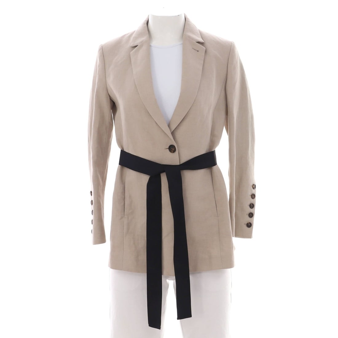 Cucinelli Women's Linen Cotton Blend Single Button Belted Blazer: Cucinelli Women's Linen Cotton Blend Single Button Belted Blazer Elevate your wardrobe with the sophisticated Cucinelli blazer, crafted from a luxurious linen and cotton blend that exudes effortless