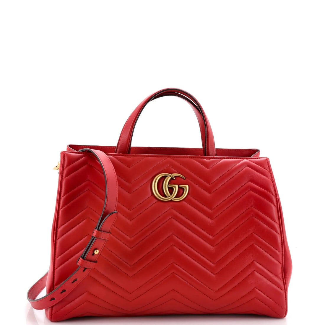 Medium Gucci GG Marmont Tote Matelasse Leather: Medium Gucci GG Marmont Tote Matelasse Leather Experience the iconic Gucci GG Marmont Tote in stunning red, boasting a timeless matelasse leather exterior and neutral interior. With its spacious mediu