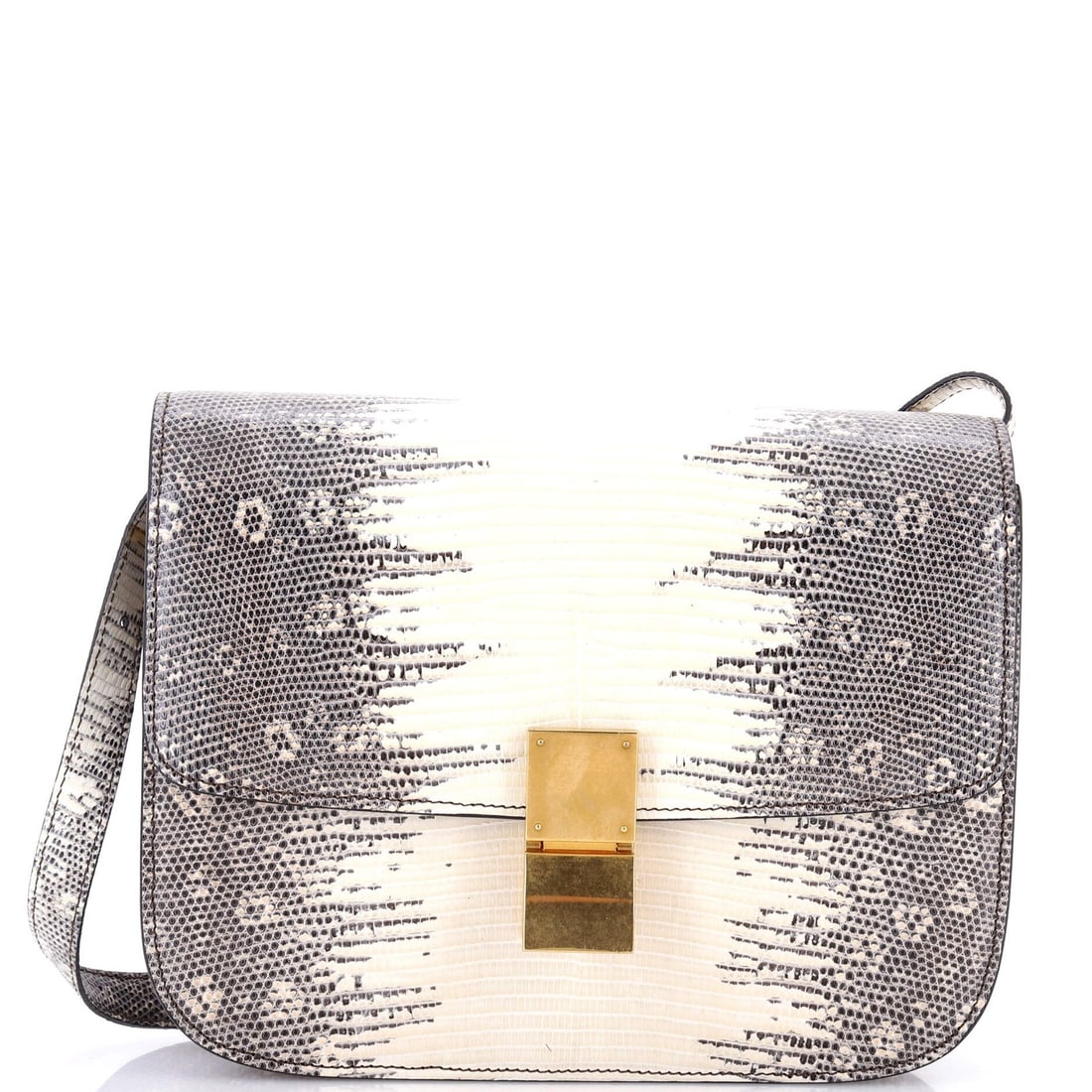 Celine Classic Medium Box Bag in Lizard: Celine Classic Medium Box Bag in Lizard The Celine Classic Medium Box Bag in Lizard is a timeless, sophisticated accessory that exudes understated elegance. With its neutral gray exterior and rich