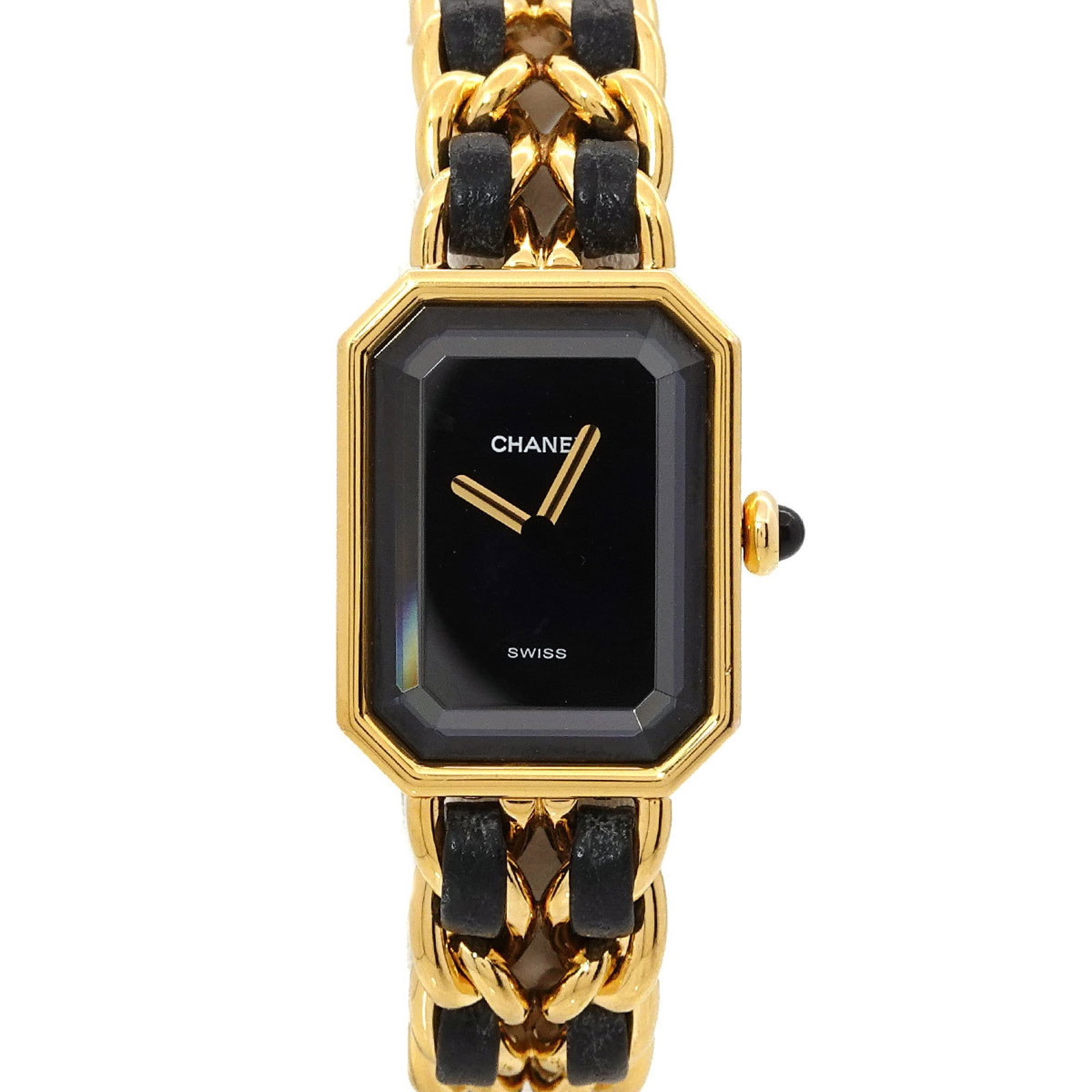 Wristwatch Chanel: Wristwatch Chanel A stunning Chanel wristwatch, boasting a sleek gold-plated case and band, sits atop a black dial, exuding timeless elegance. With its 20mm diameter and adjustable leather strap, this