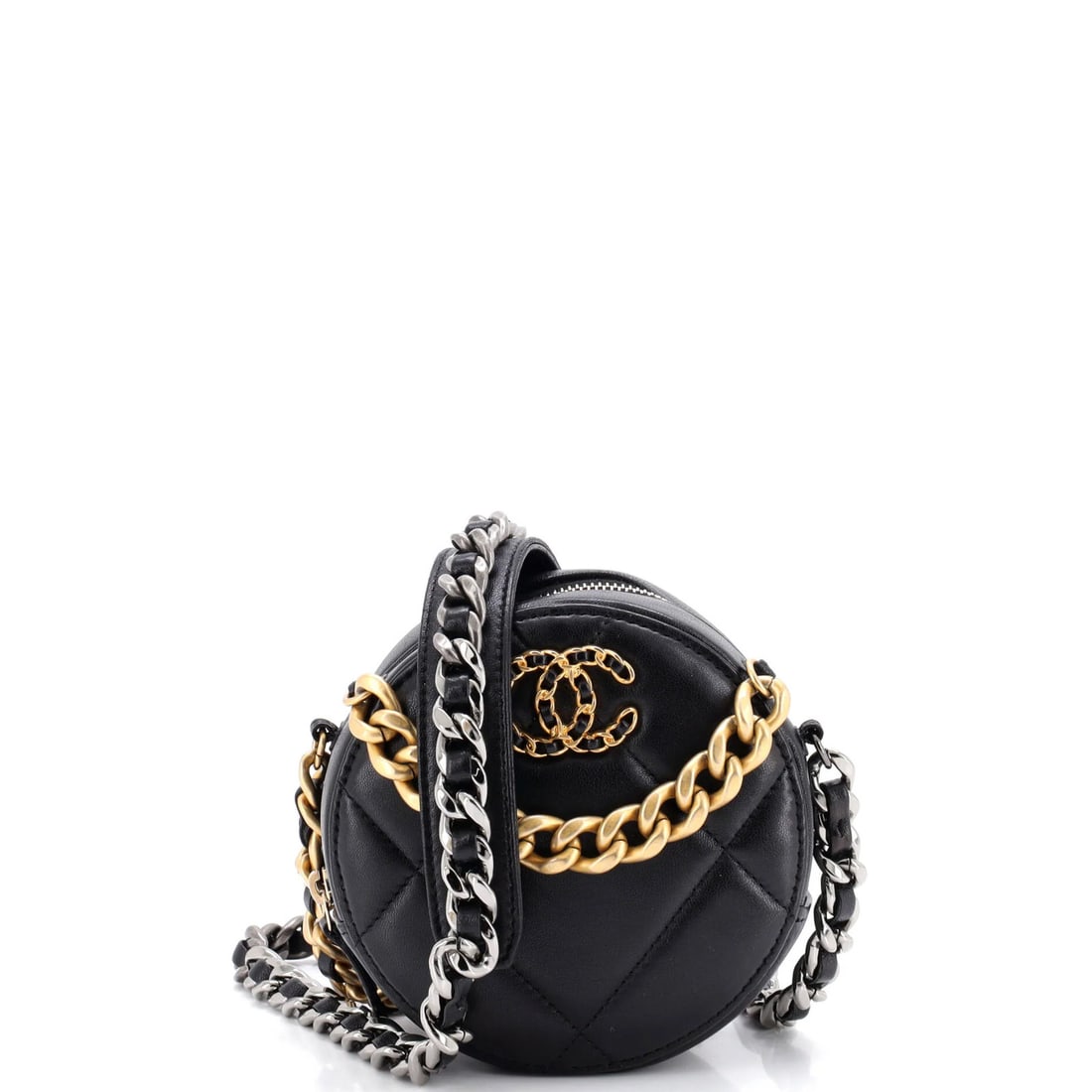 Chanel 19 Round Clutch in Quilted Leather with Chain: Chanel 19 Round Clutch in Quilted Leather with Chain A sleek and sophisticated Chanel 19 Round Clutch in quilted leather, complete with chain detailing, adds a touch of timeless elegance to any evenin