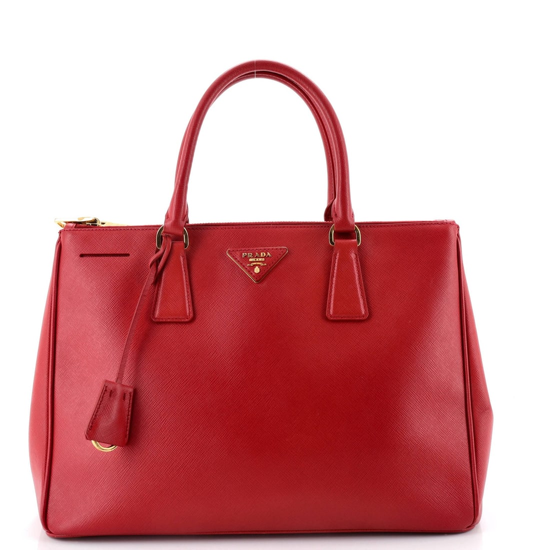 Prada Double Zip Lux Saffiano Leather Medium Tote: Prada Double Zip Lux Saffiano Leather Medium Tote The Prada Double Zip Lux Saffiano Leather Medium Tote is a stylish and practical accessory that exudes luxury. With its iconic red exterior, gold hard