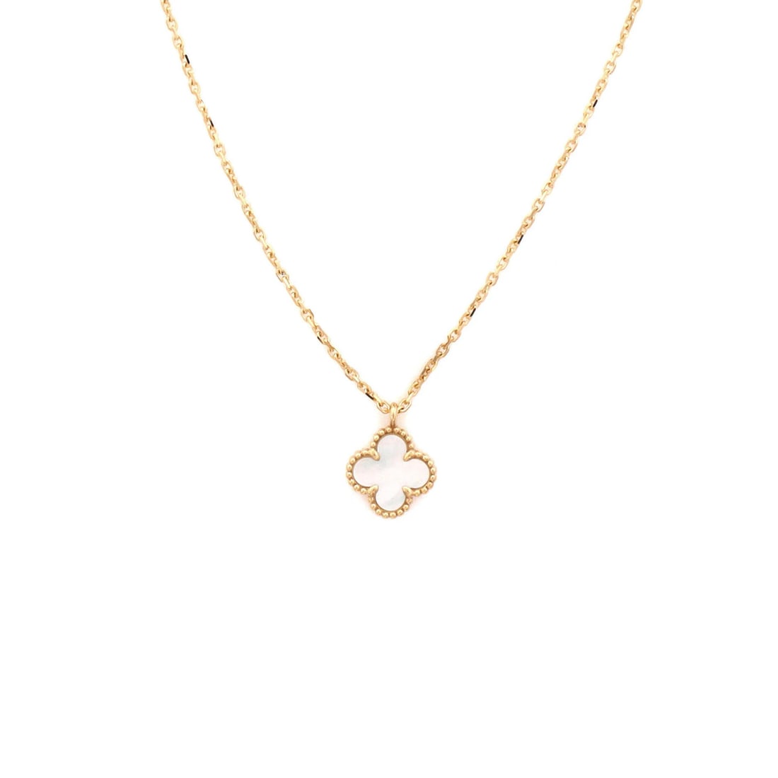 of Van Cleef & Arpels Sweet Alhambra Pendant Necklace 18K Yellow Gold and Mother: of Van Cleef & Arpels Sweet Alhambra Pendant Necklace 18K Yellow Gold and Mother The Van Cleef & Arpels Sweet Alhambra Pendant Necklace is a stunning example of 18K yellow gold craftsmanship, showcasi