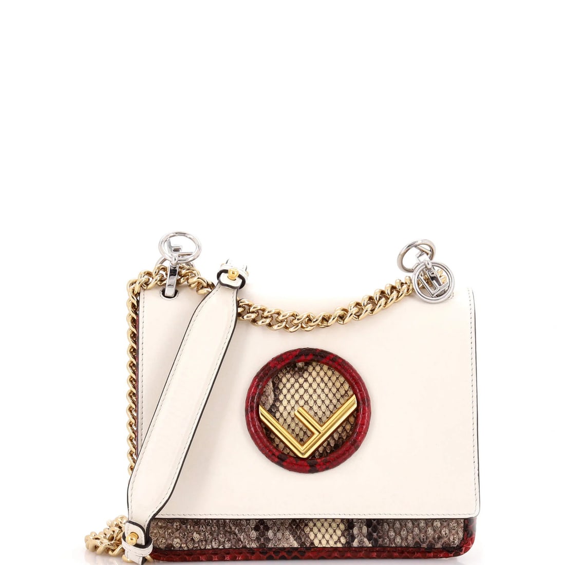 Fendi Kan I F Shoulder Bag in Leather and Python: Fendi Kan I F Shoulder Bag in Leather and Python Elevate your style with the iconic Fendi Kan I F Shoulder Bag, boasting sleek white leather and striking red python accents that add a touch of luxury
