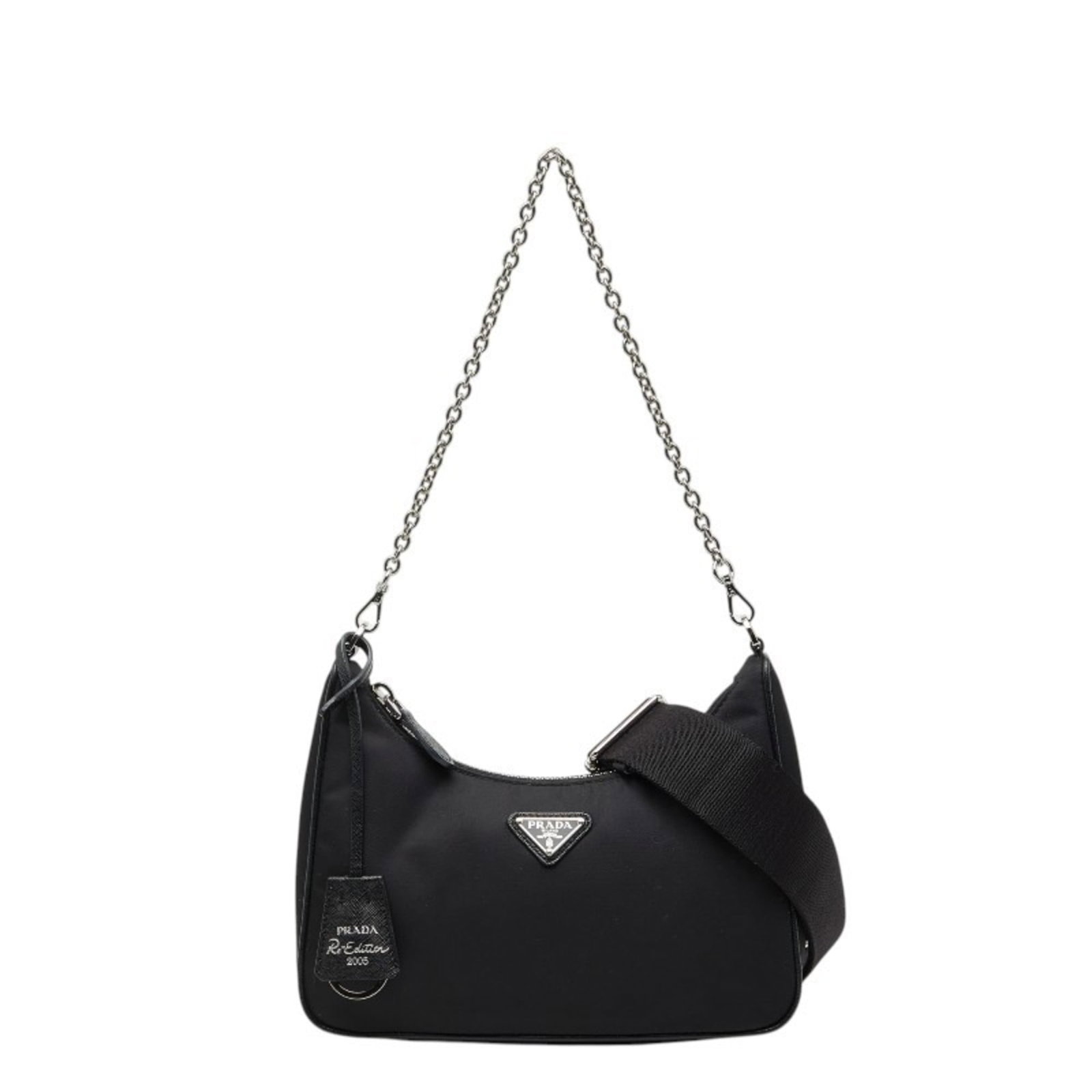 Prada Nylon and Leather Shoulder Bag: Prada Nylon and Leather Shoulder Bag A timeless and versatile Prada shoulder bag, crafted from durable Saffiano leather and nylon, boasts a sleek black design that exudes sophistication. With its clas