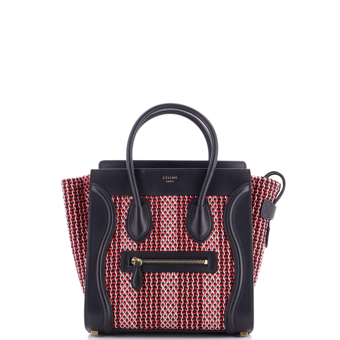 Celine Tweed Micro Luggage Bag: Celine Tweed Micro Luggage Bag Experience the timeless elegance of Celine's Tweed Micro Luggage Bag, boasting a rich red exterior with subtle black tweed texture and aged gold hardware. With its compa
