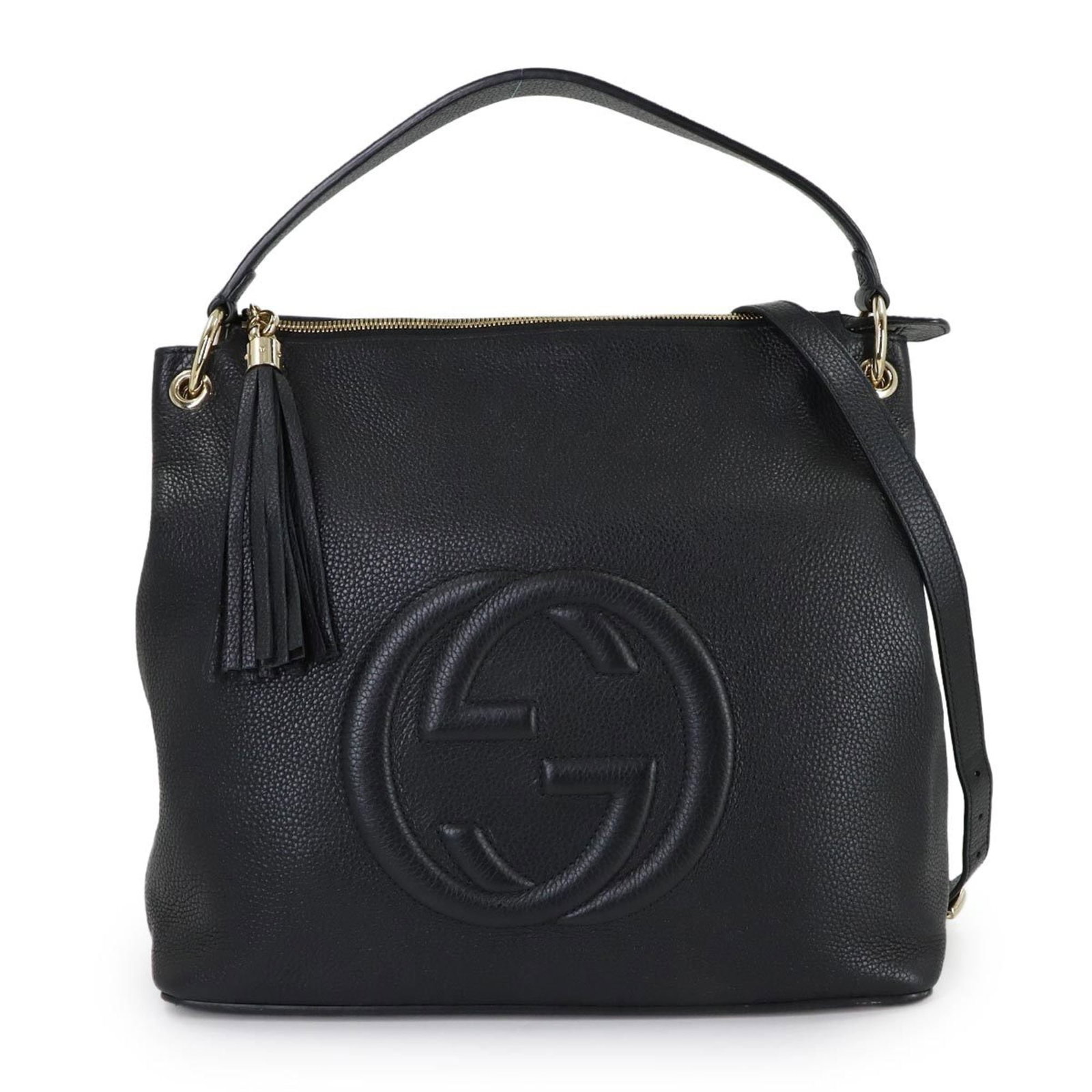 Gucci Leather Shoulder Bag: Gucci Leather Shoulder Bag Elevate your style with this stunning Gucci leather shoulder bag, boasting sleek black leather and classic design that exudes sophistication. With its spacious interior and
