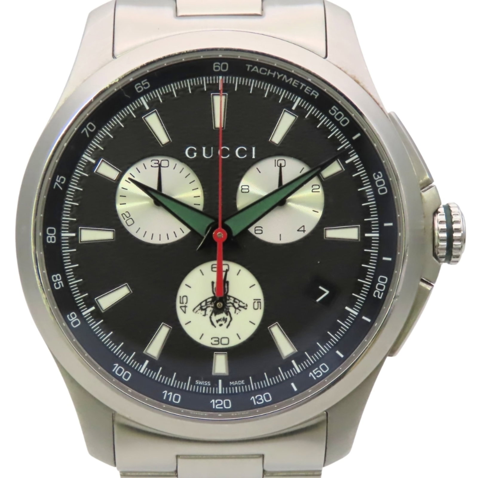 Wristwatch Gucci: Wristwatch Gucci A sleek and sophisticated Gucci stainless steel wristwatch, boasting a classic black dial and durable 44mm case, is up for grabs. With its sturdy stainless steel band and water-resist