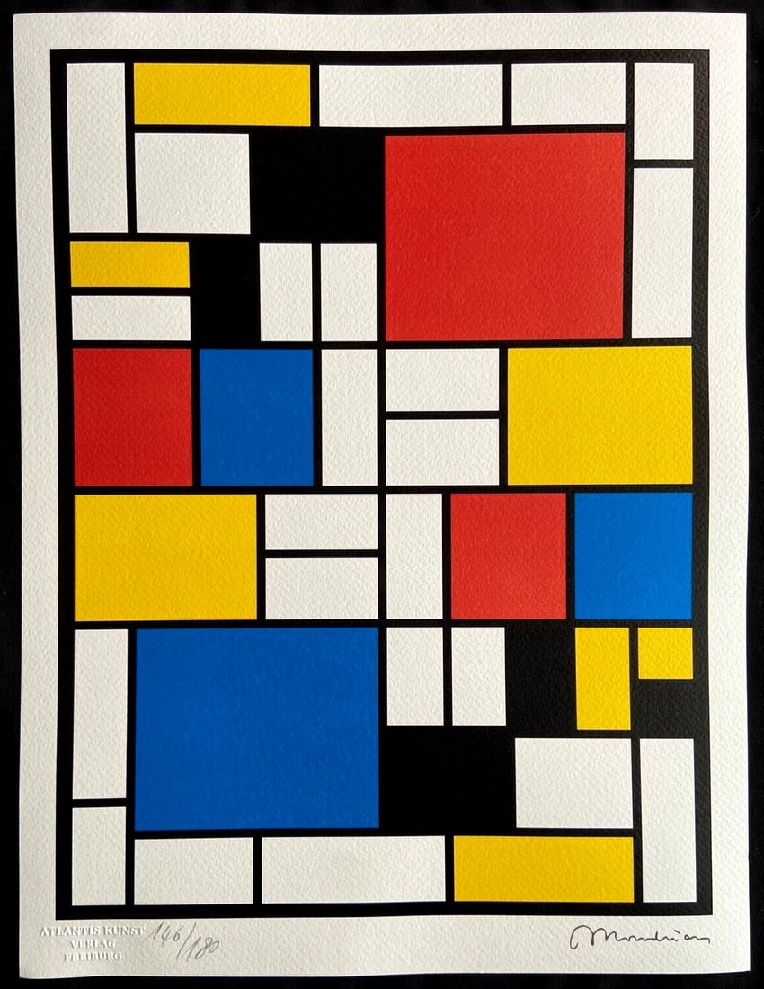 Piet Mondrian Lithograph: Piet Mondrian Lithograph A rare and iconic print by the renowned Dutch artist Piet Mondrian, created in 1978 through a unique chromolithography process. Signed by Mondrian himself on the slab, this or