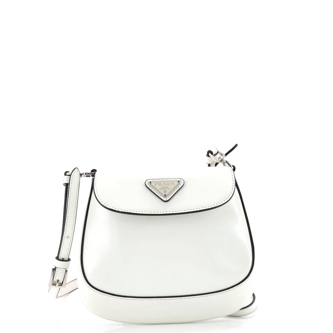 Prada Cleo Mini Flap Shoulder Bag in Spazzolato Leather: Prada Cleo Mini Flap Shoulder Bag in Spazzolato Leather The Prada Cleo Mini Flap Shoulder Bag in Spazzolato Leather is a timeless and sophisticated accessory that exudes luxury. With its sleek white