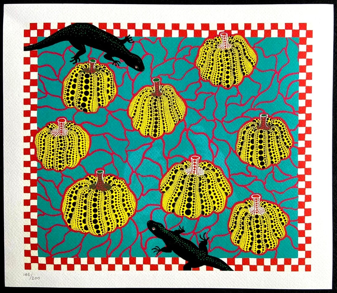 Yayoi Kusama Lithograph, Mori Museum Numbered: Yayoi Kusama Lithograph, Mori Museum Numbered Experience the vibrant world of Yayoi Kusama with this rare 200-numbered lithograph, printed by the Mori Art Museum in 2011. Measuring just 32 x 37 cm, th