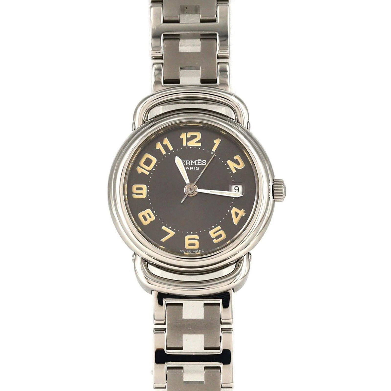 Wristwatch Hermes: Wristwatch Hermes A pre-owned Herm?s wristwatch, perfect for the discerning woman, boasts a sleek stainless steel case and band, complemented by a sophisticated gray dial. With its classic 25mm diamet