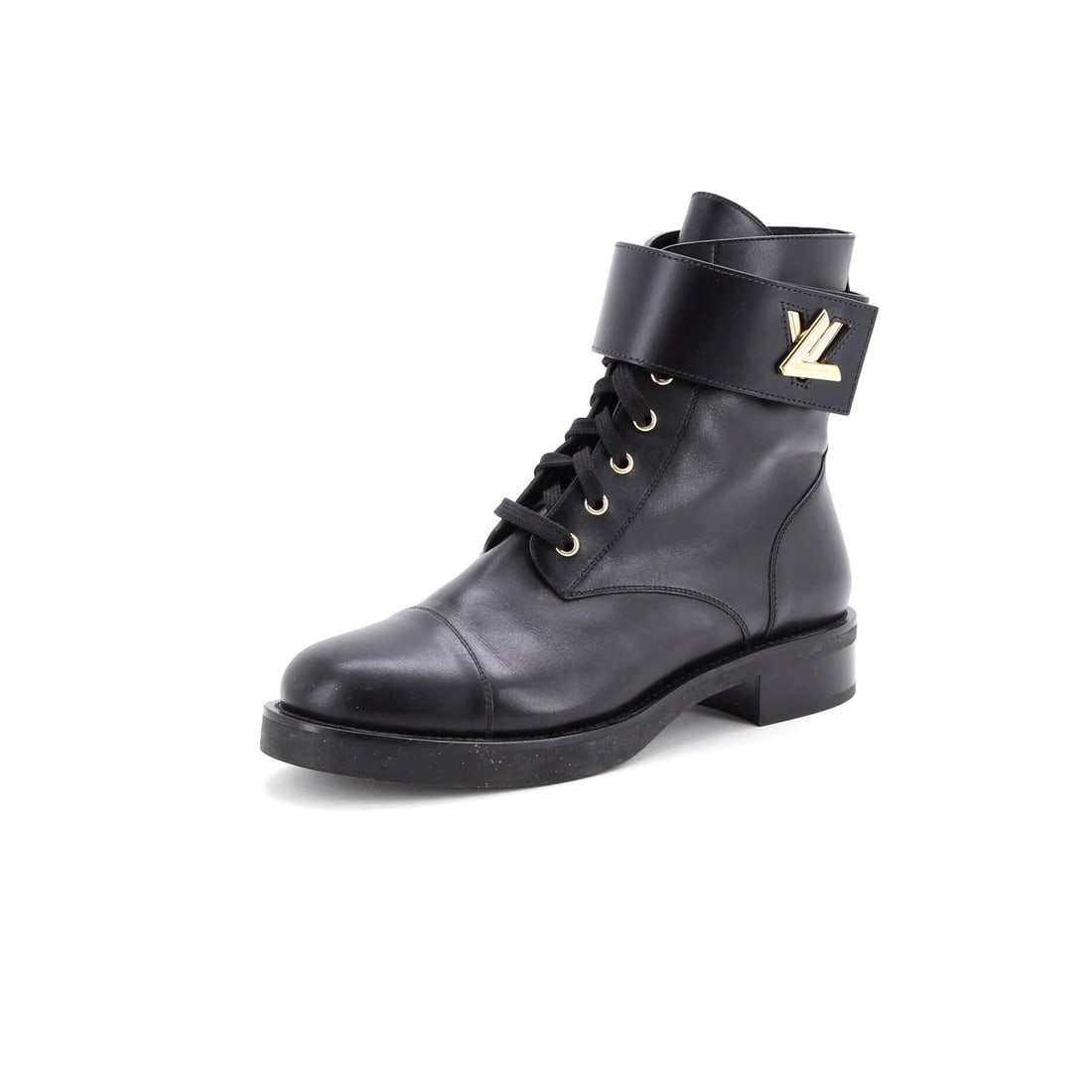Louis Vuitton Women's Flat Ranger Boots in Leather: Louis Vuitton Women's Flat Ranger Boots in Leather Elevate your style with the iconic Louis Vuitton Women's Flat Ranger Boots, boasting sleek black leather exterior and interior, adorned with gold har