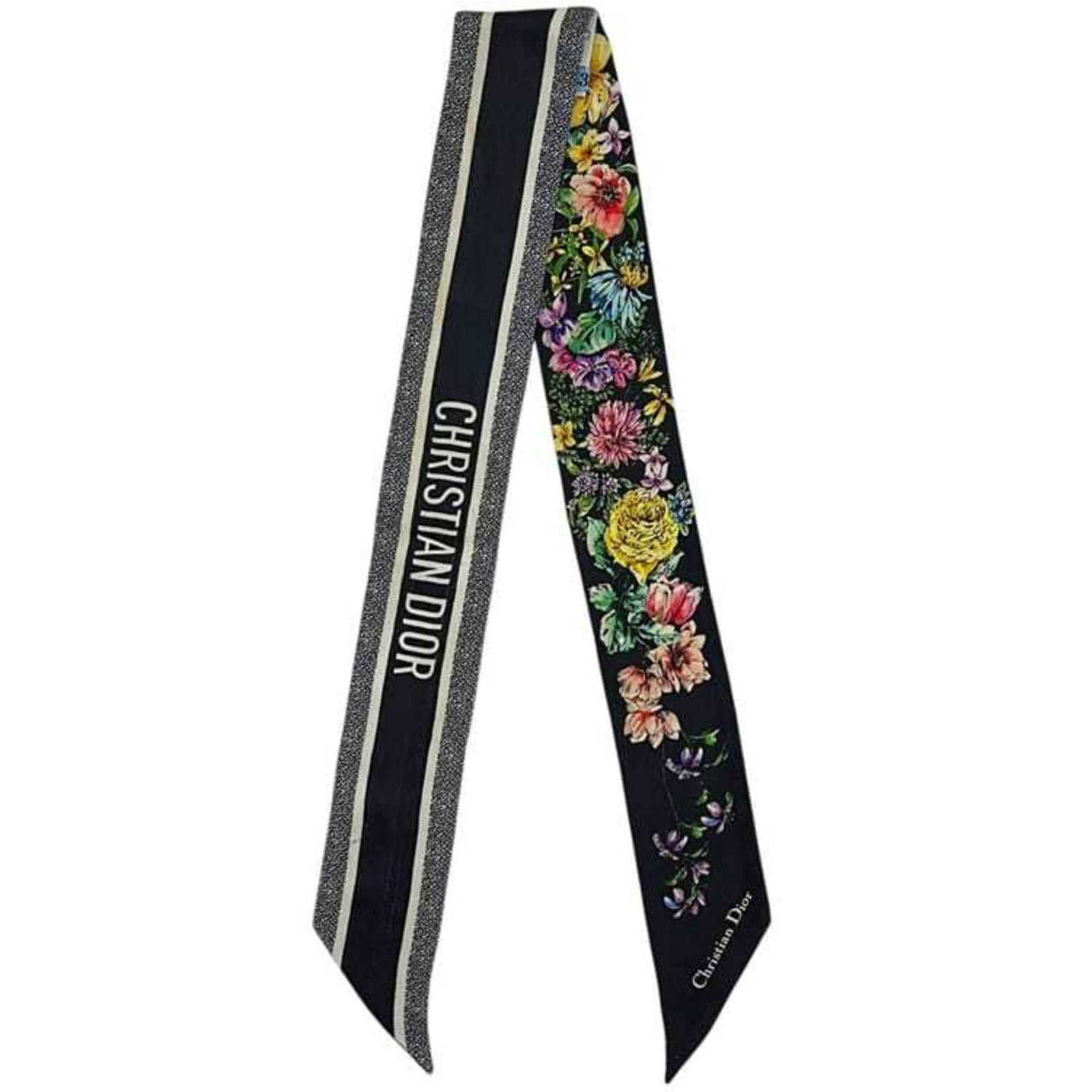 Christian Dior Silk Scarf: Christian Dior Silk Scarf A luxurious Christian Dior silk scarf in rich black and multi-color hues, adding a touch of sophistication to any outfit. Made from high-quality 100% silk, this elegant acces