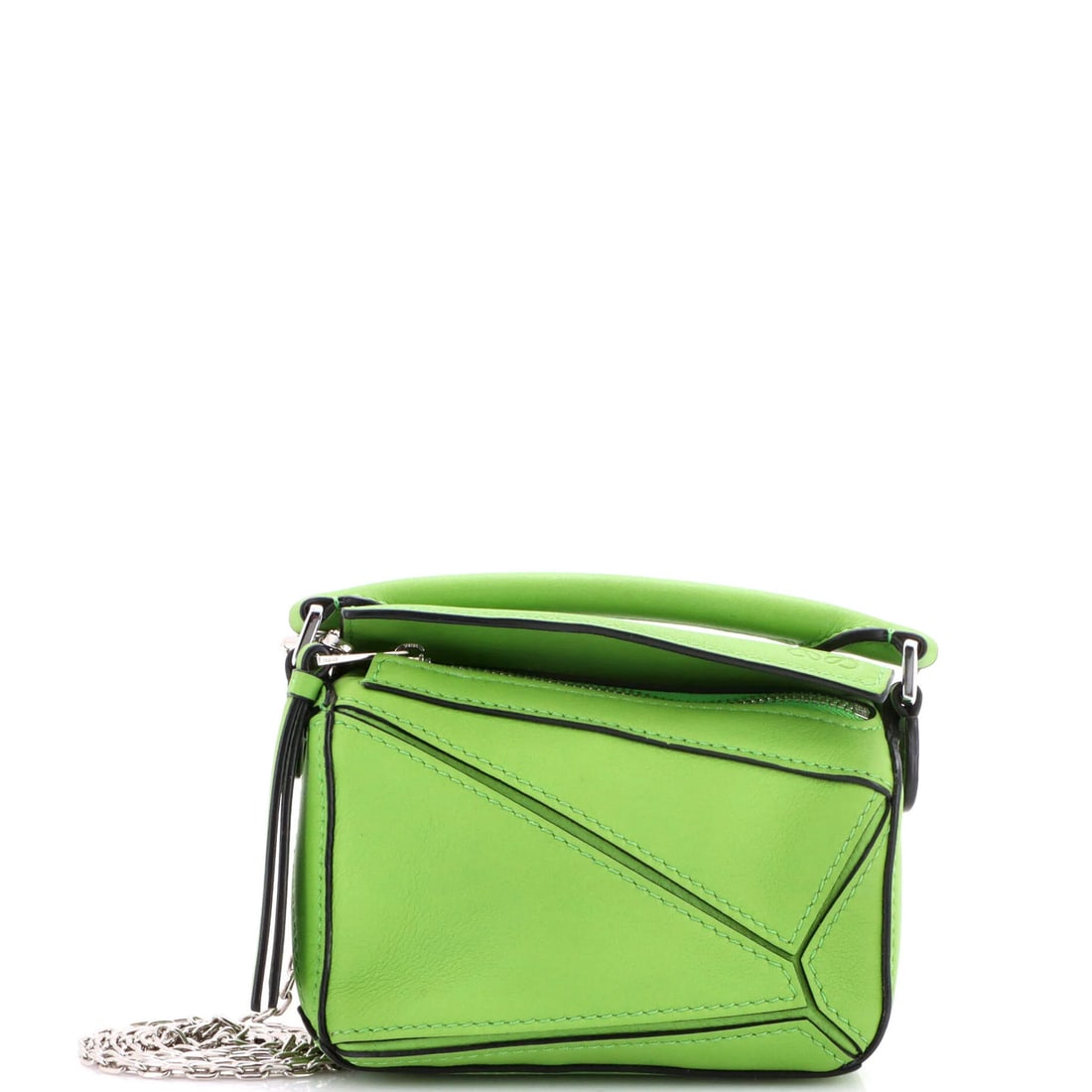 Loewe Nano Puzzle Leather Bag: Loewe Nano Puzzle Leather Bag The Loewe Nano Puzzle Leather Bag is a stylish and compact cross-body bag that exudes understated elegance. With its sleek green leather exterior, neutral interior, and s