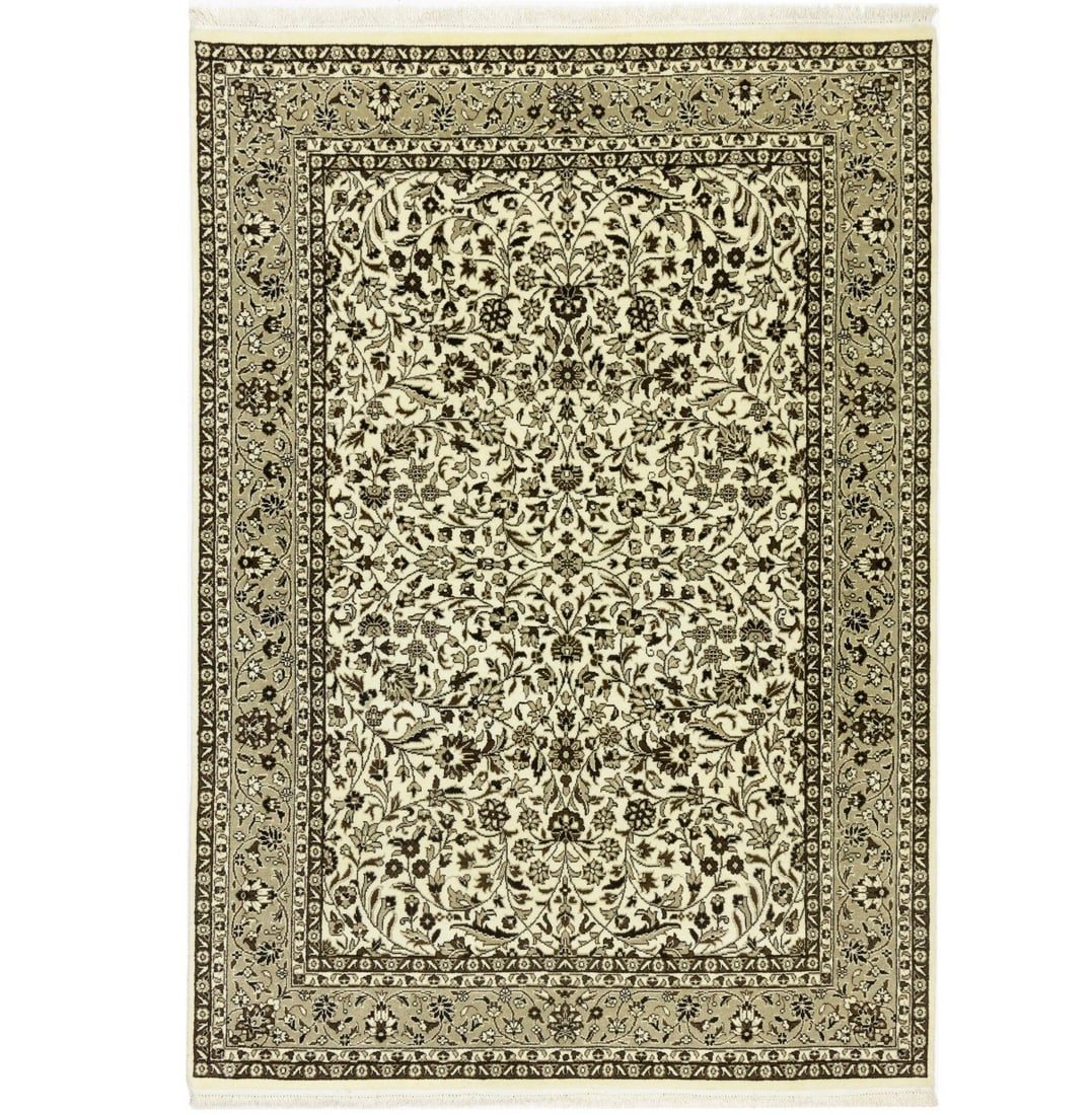 Classic 6x8 Cream & Brown Floral Kirman Oriental Wool Rug: Classic 6x8 Cream & Brown Floral Kirman Oriental Wool Rug Experience the timeless beauty of traditional craftsmanship with our Classic 6x8 Cream & Brown Floral Kirman Oriental Wool Rug, expertly hand-