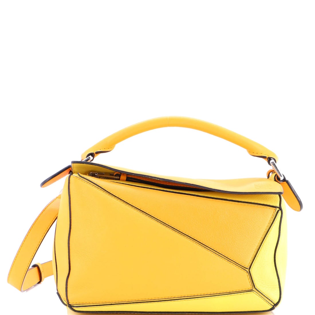 Loewe Small Leather Puzzle Bag: Loewe Small Leather Puzzle Bag The Loewe Small Leather Puzzle Bag is a vibrant and stylish accessory that adds a pop of orange to any outfit. With its sleek design, adjustable strap, and neutral inter