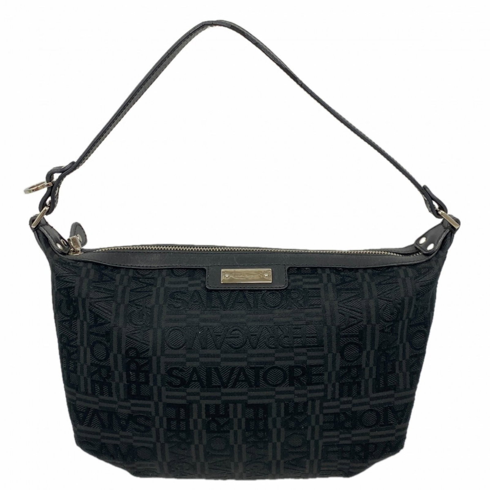 Salvatore Ferragamo Canvas Handbag: Salvatore Ferragamo Canvas Handbag A sleek and sophisticated Salvatore Ferragamo canvas handbag, this black beauty boasts elegant silver hardware and a timeless design that exudes classic Italian